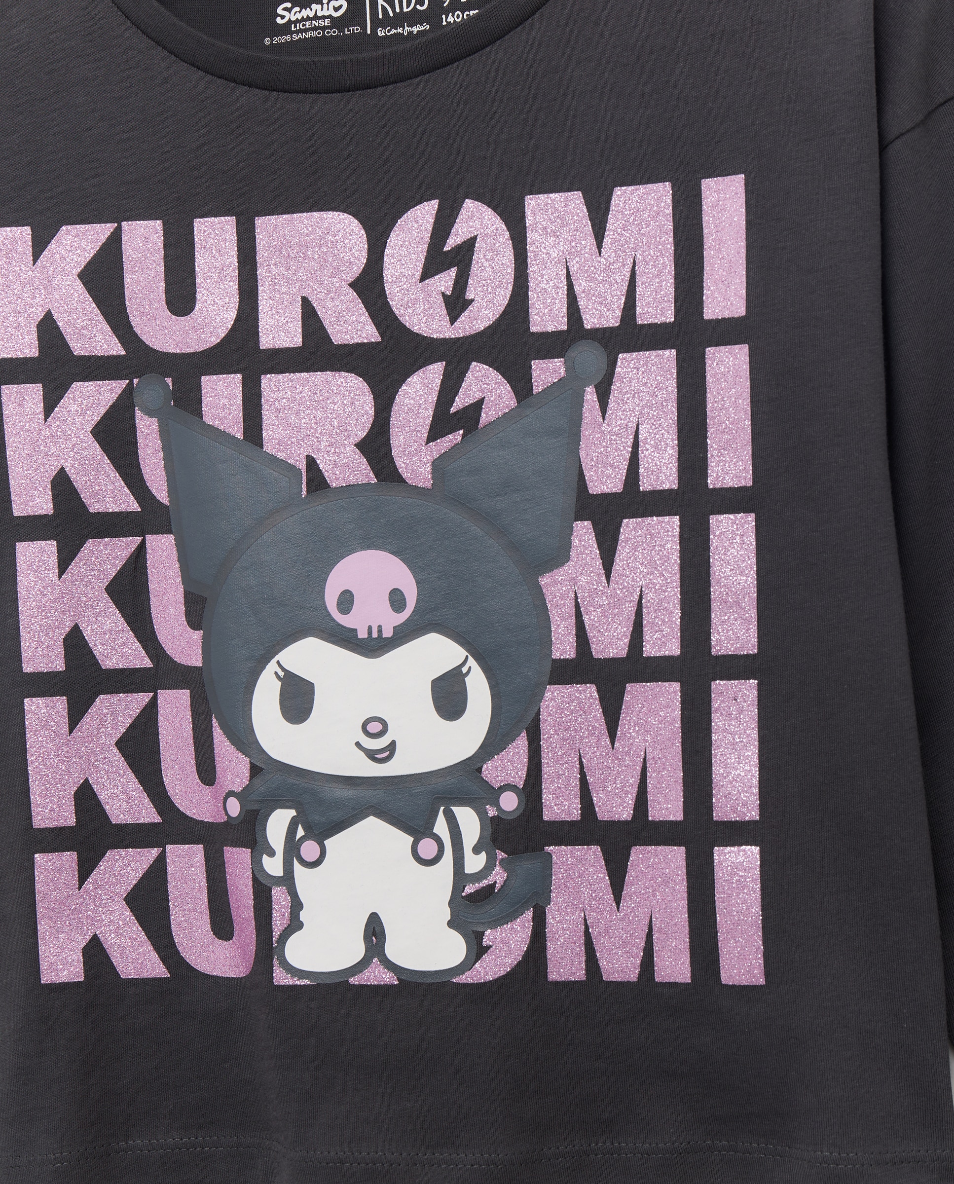 Camiseta manga larga cropped posicional print KUROMI con texto en glitter de niña - Kids El Corte Inglés - Gris Gris-2