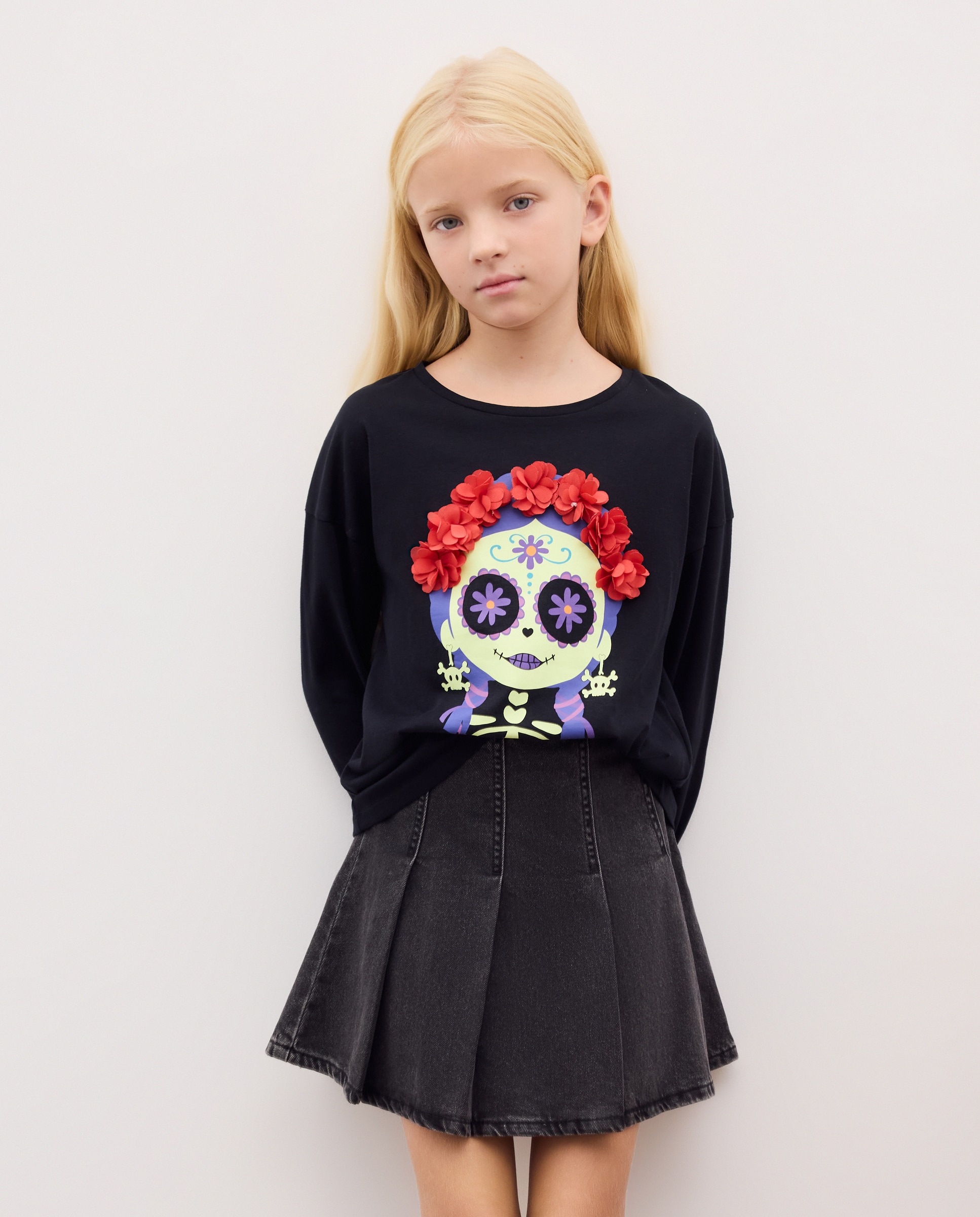 Camiseta manga larga fantasía Halloween glow in the dark y pétalos de niña - Kids El Corte Inglés - Negro Negro-1