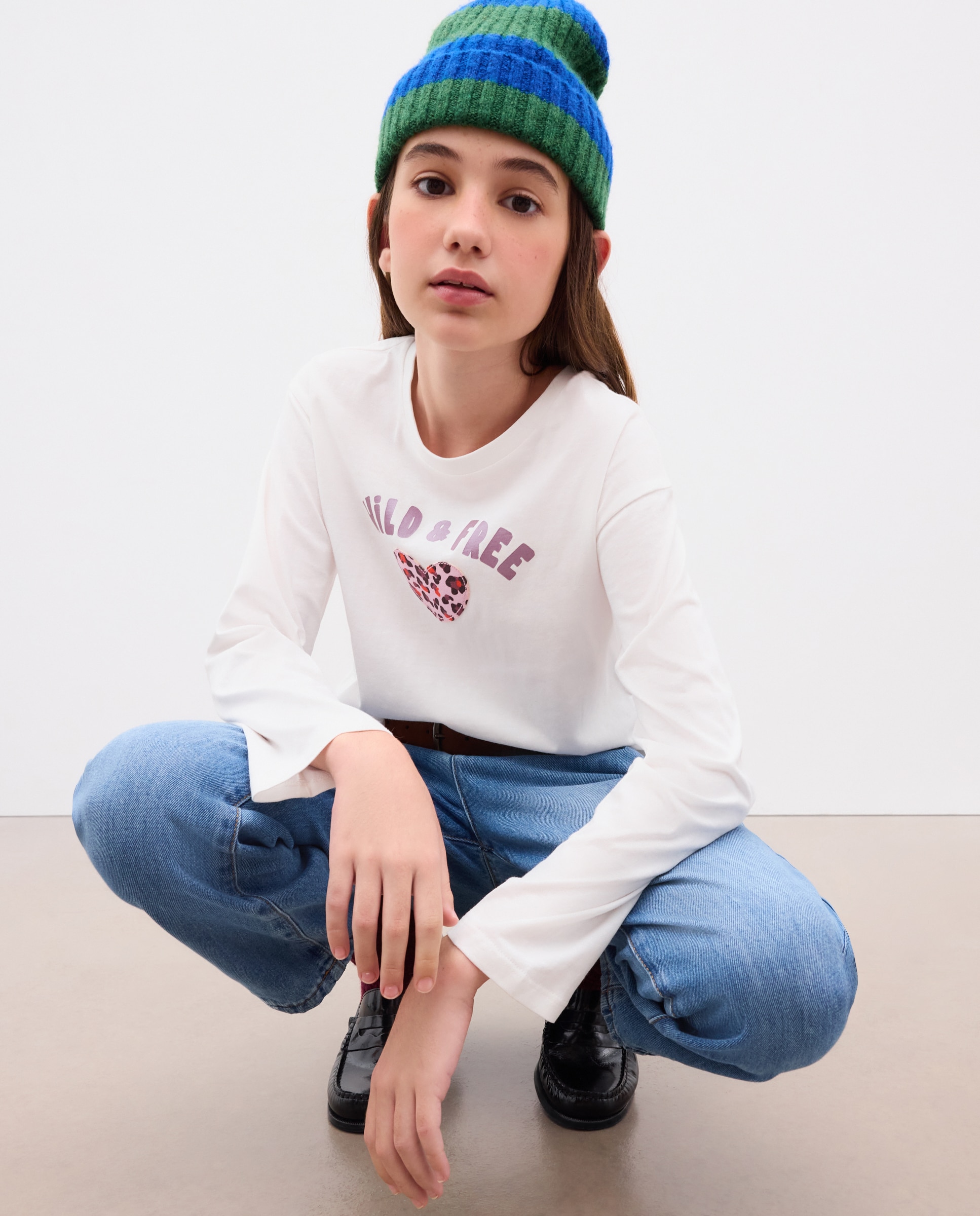 Camiseta manga larga fruncida en laterales con patch posicional "corazón p.animal" de niña - Kids El Corte Inglés - Blanco Blanco-1
