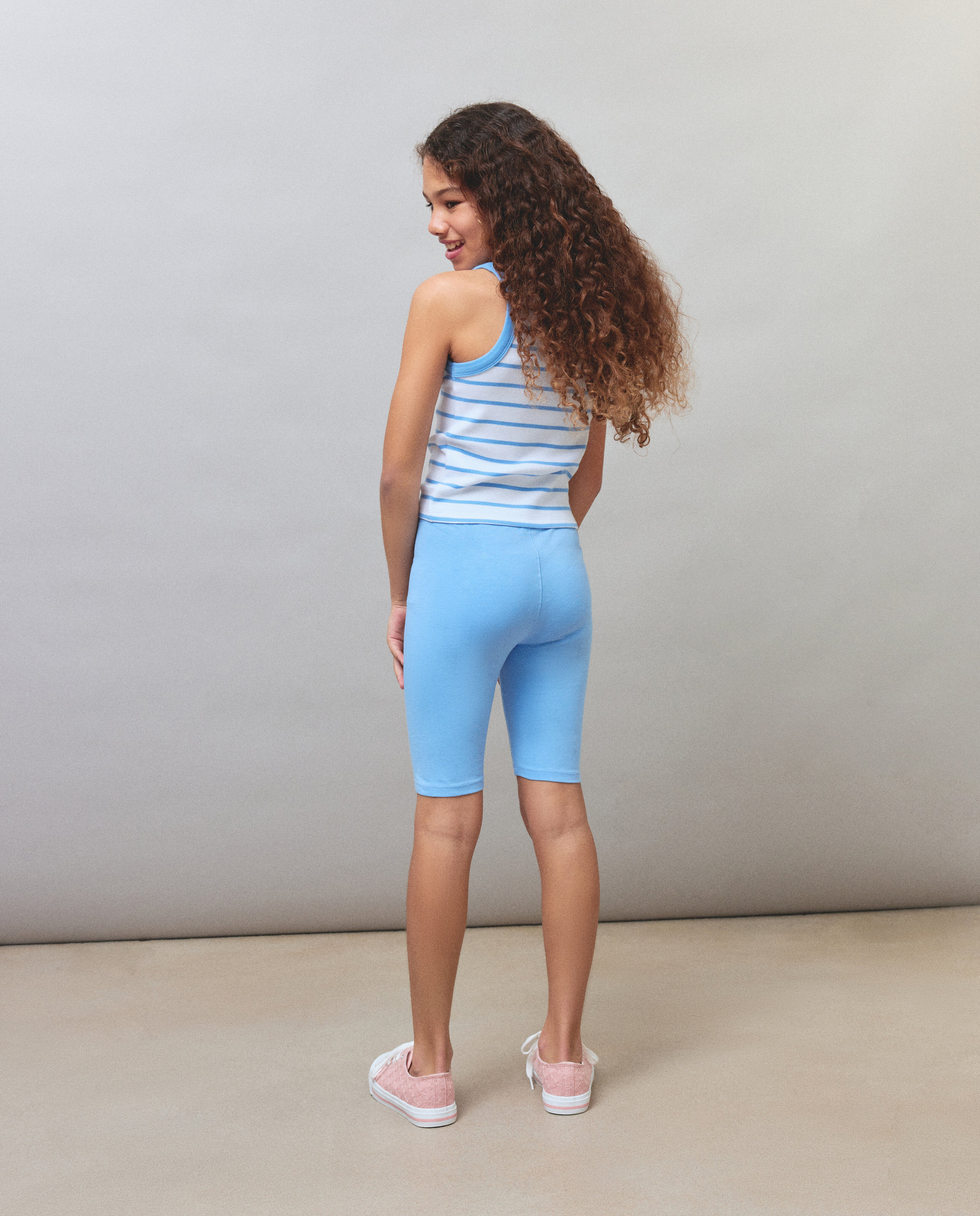 T-shirt de Alças Básica às Riscas Azul-3