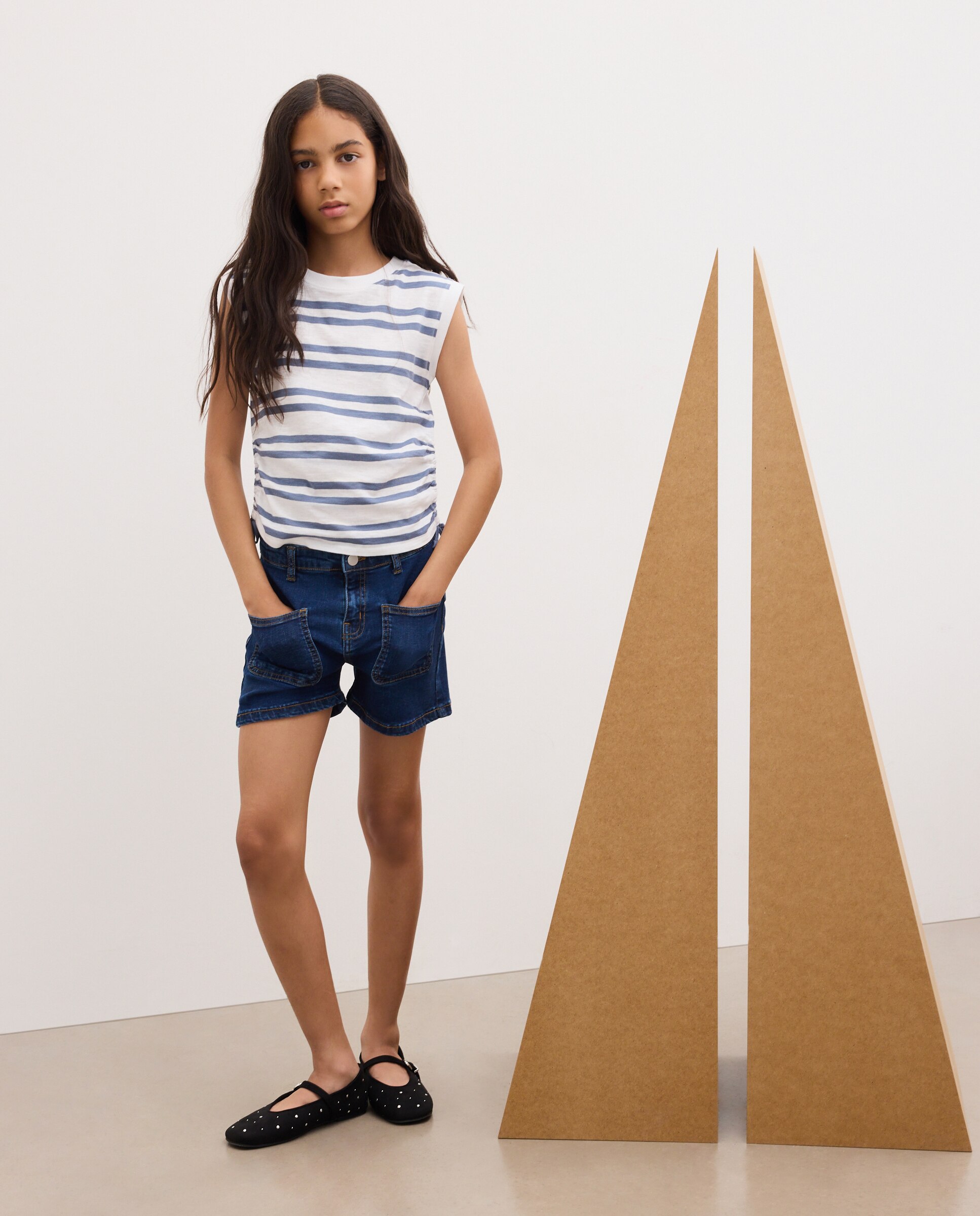 Camiseta sin mangas raya tejida recogida en laterales con cordón de niña - Kids El Corte Inglés - Blanco Blanco-2