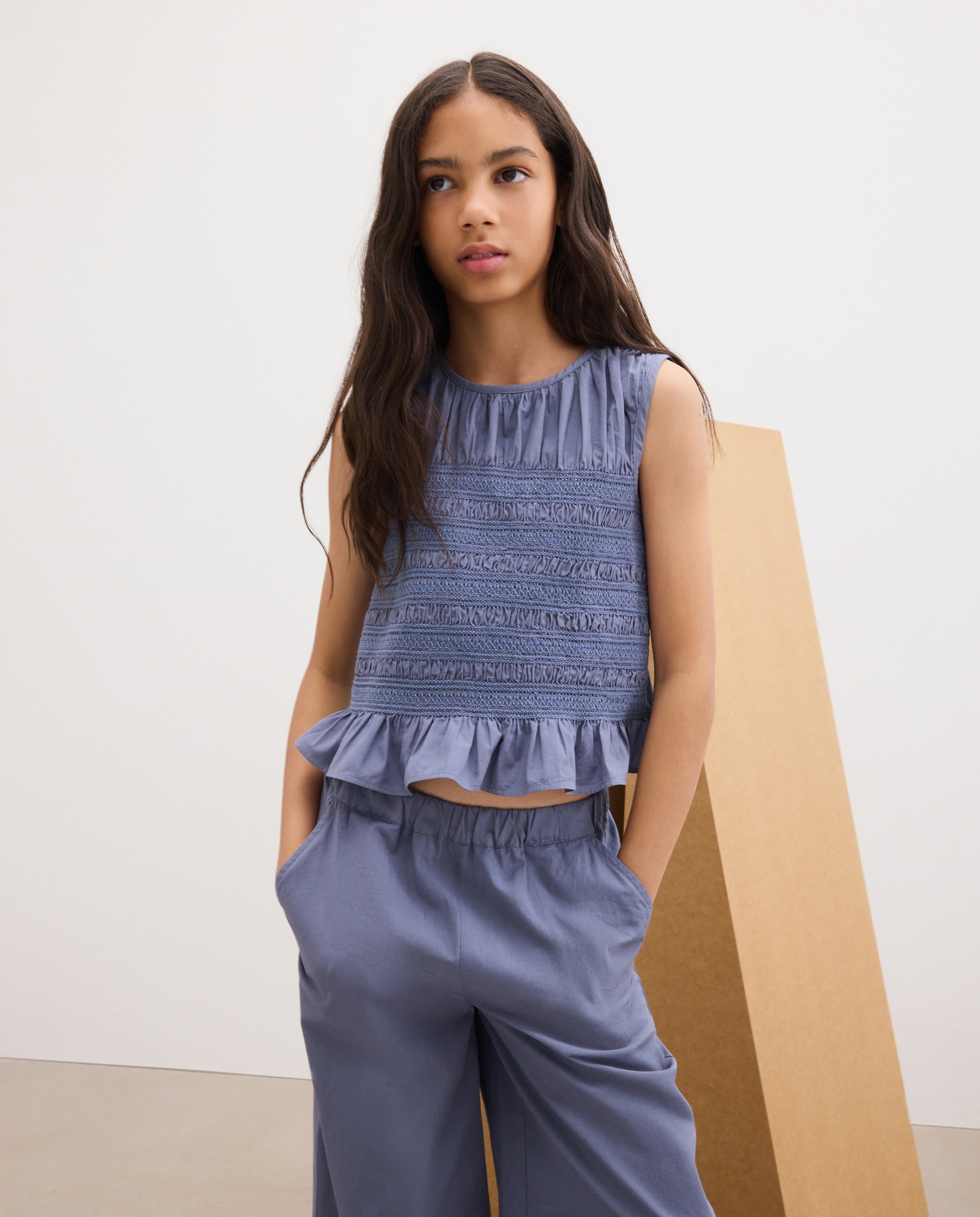 Conjunto Comprido de Blusa de Smock com Peplum e Calças com Bolsos de Plastrão 400 Azul-2