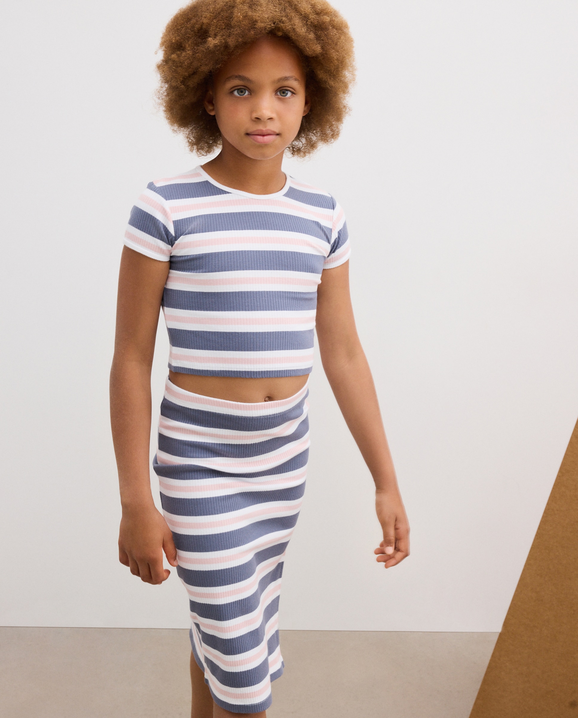 Conjunto de Saia Comprida e T-shirt de Manga Curta em Canelado às Riscas Kids El Corte Inglés Azul-2