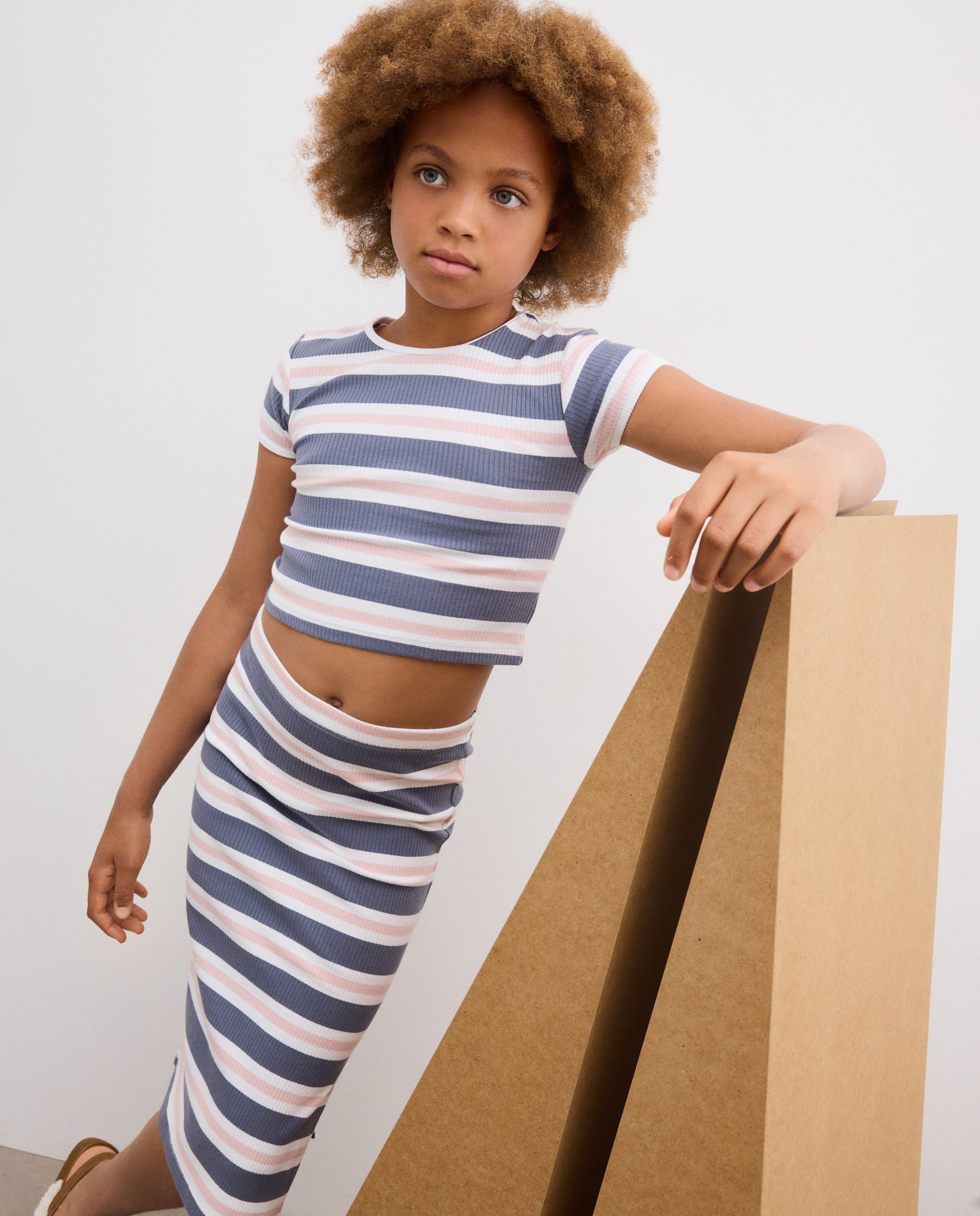 Conjunto de Saia Comprida e T-shirt de Manga Curta em Canelado às Riscas Kids El Corte Inglés Azul-3