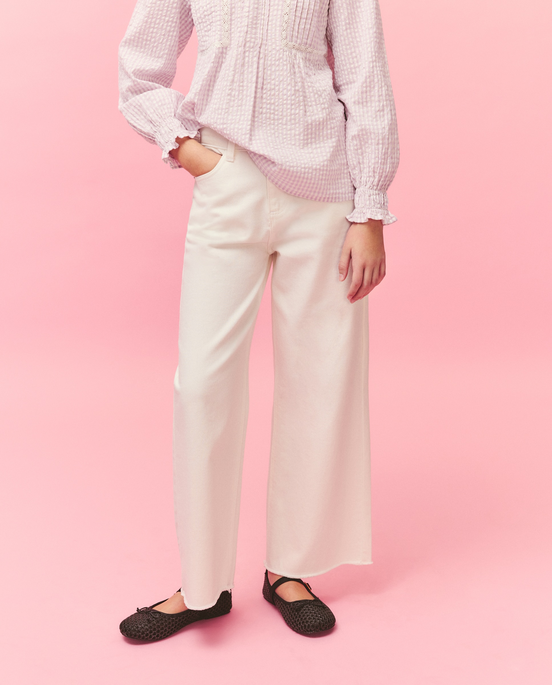 Calças de Sarja Colorida Wide Leg com Remendo de Fantasia e Bolso Traseiro Kids El Corte Inglés 120 Cru-2
