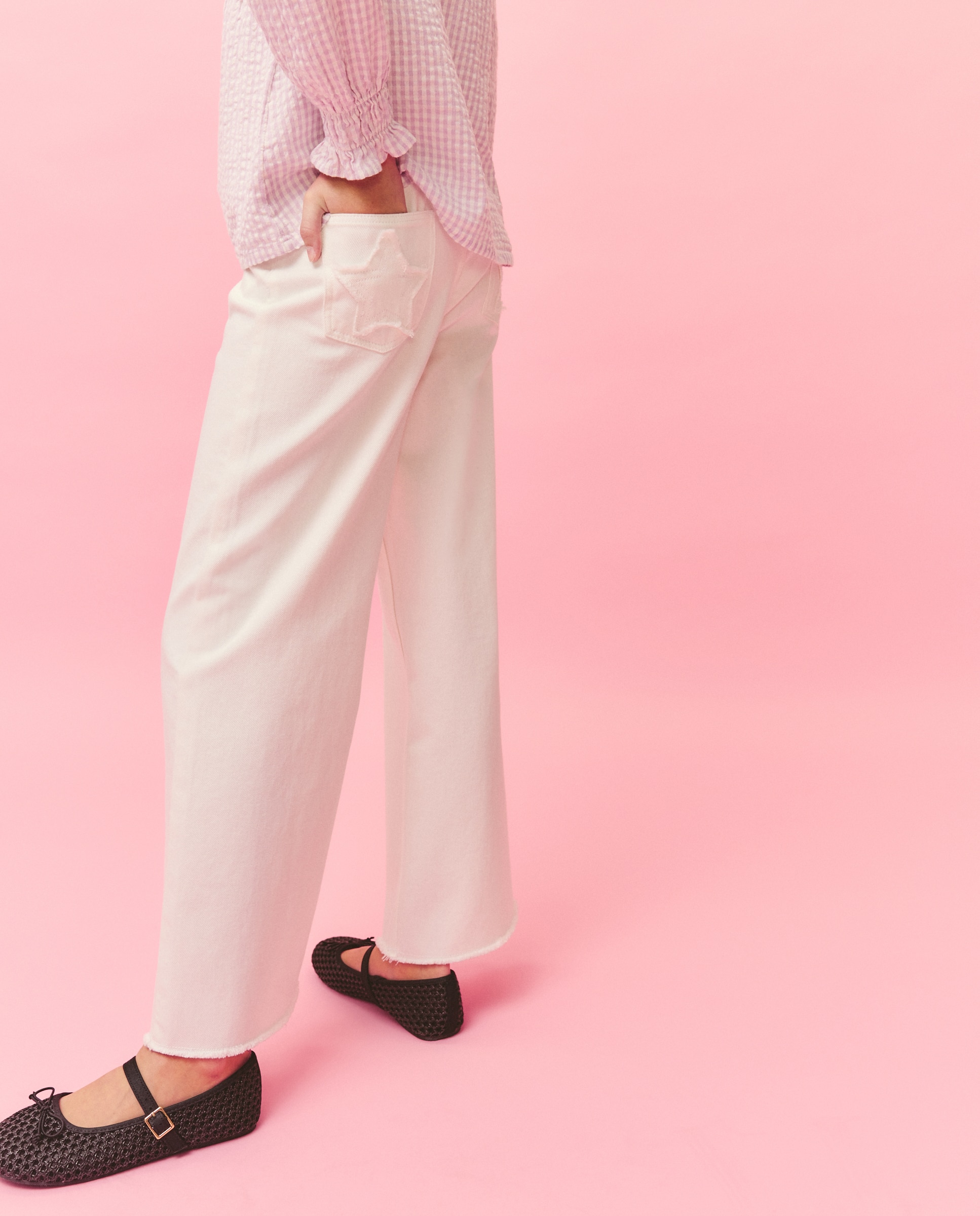Calças de Sarja Colorida Wide Leg com Remendo de Fantasia e Bolso Traseiro Kids El Corte Inglés 120 Cru-3