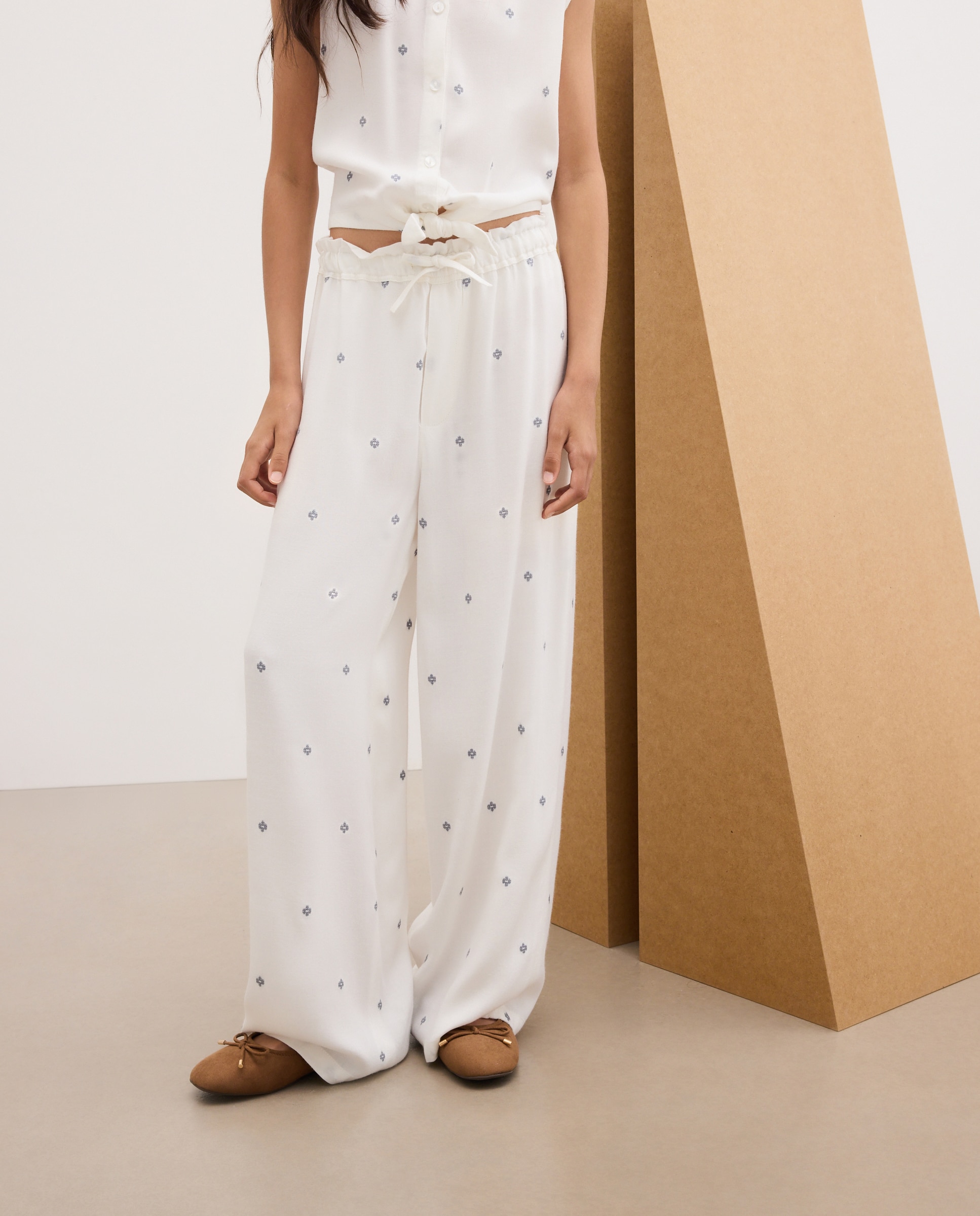 Calças Wide Leg em Viscose com Elásticos e All Over Print de Mini Jacquard Kids El Corte Inglés Branco-2