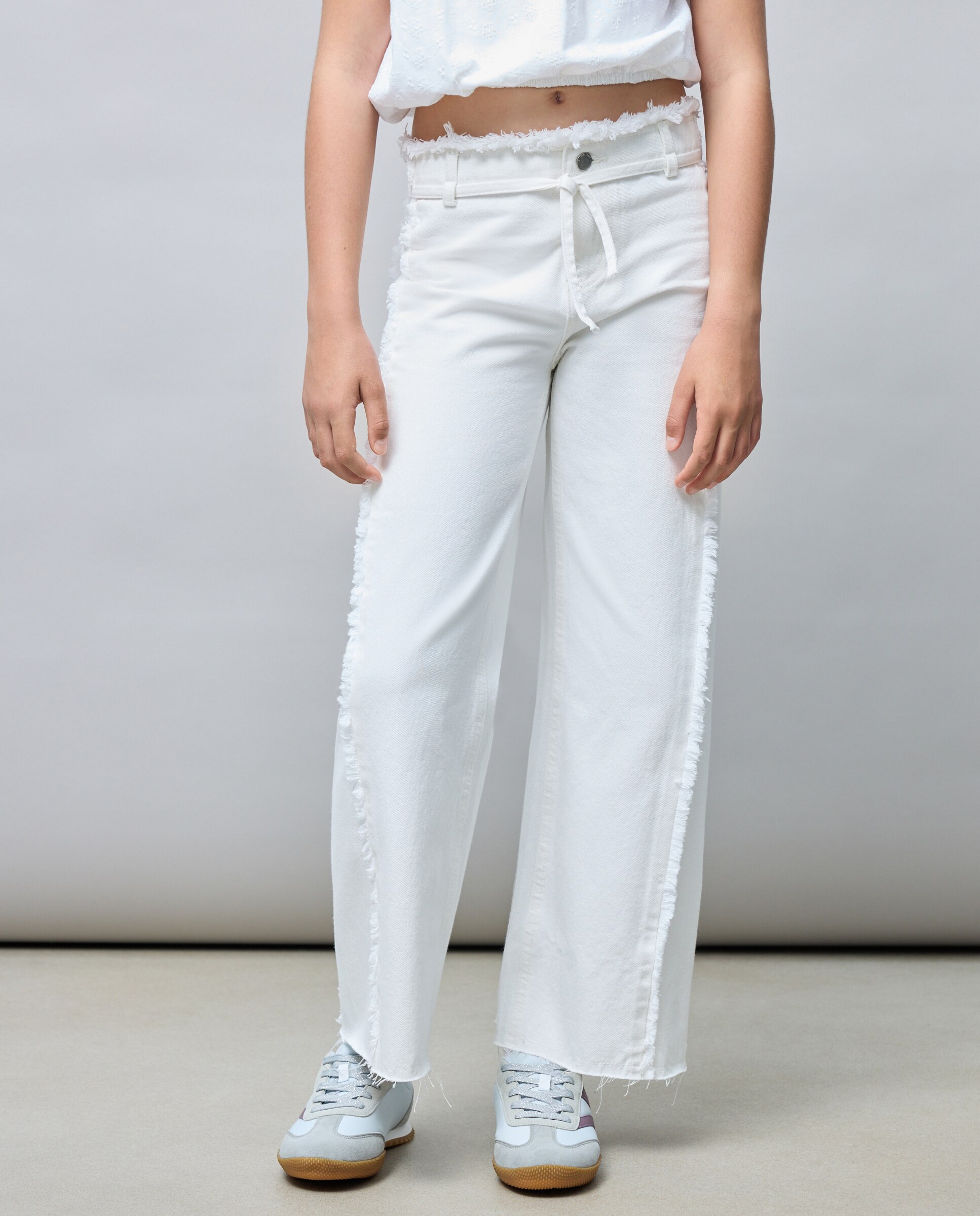 Calças de Sarja Wide Leg com Peça Lateral Triangular e Cós Desfiado Kids El Corte Inglés Branco-2
