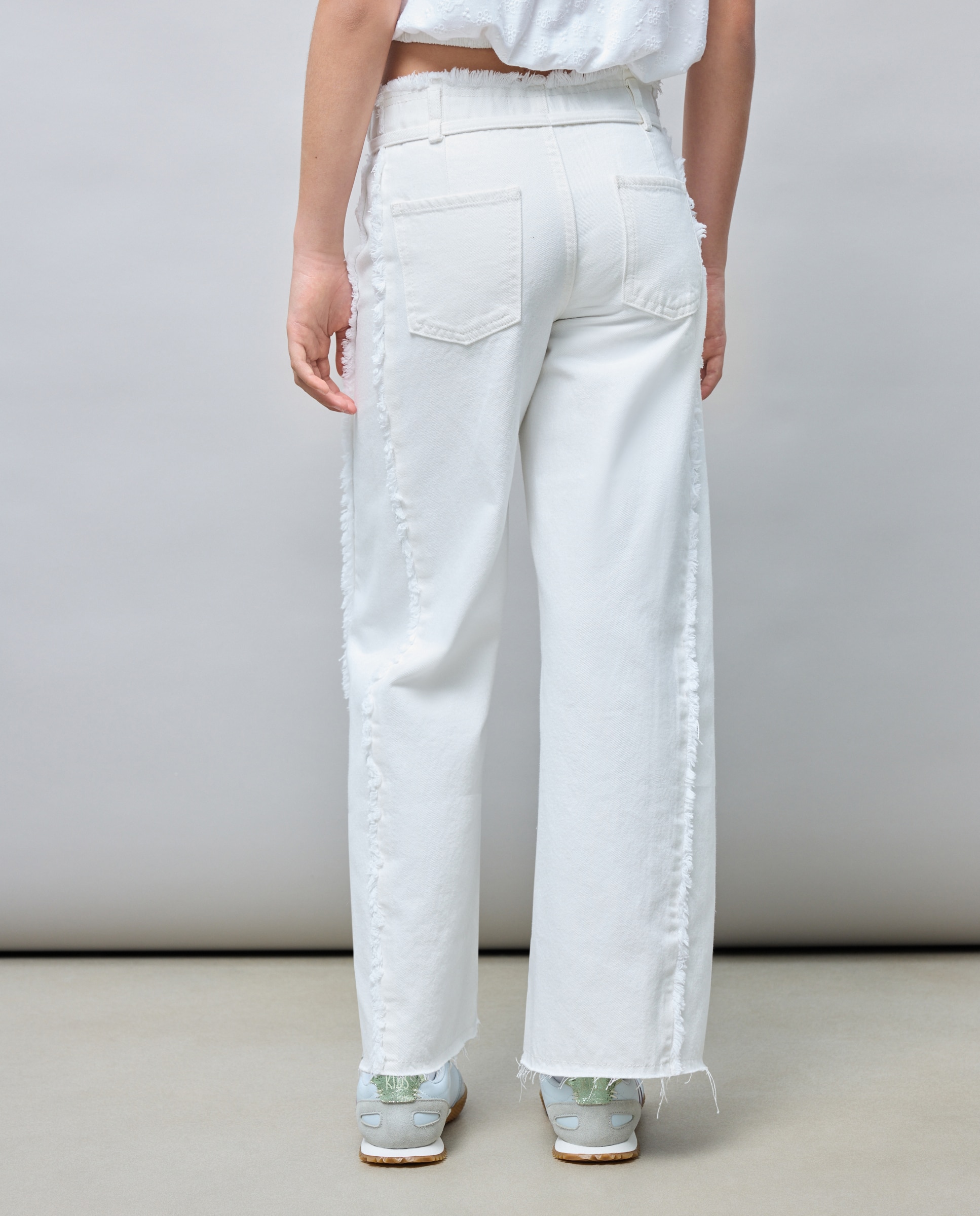Calças de Sarja Wide Leg com Peça Lateral Triangular e Cós Desfiado Kids El Corte Inglés Branco-3