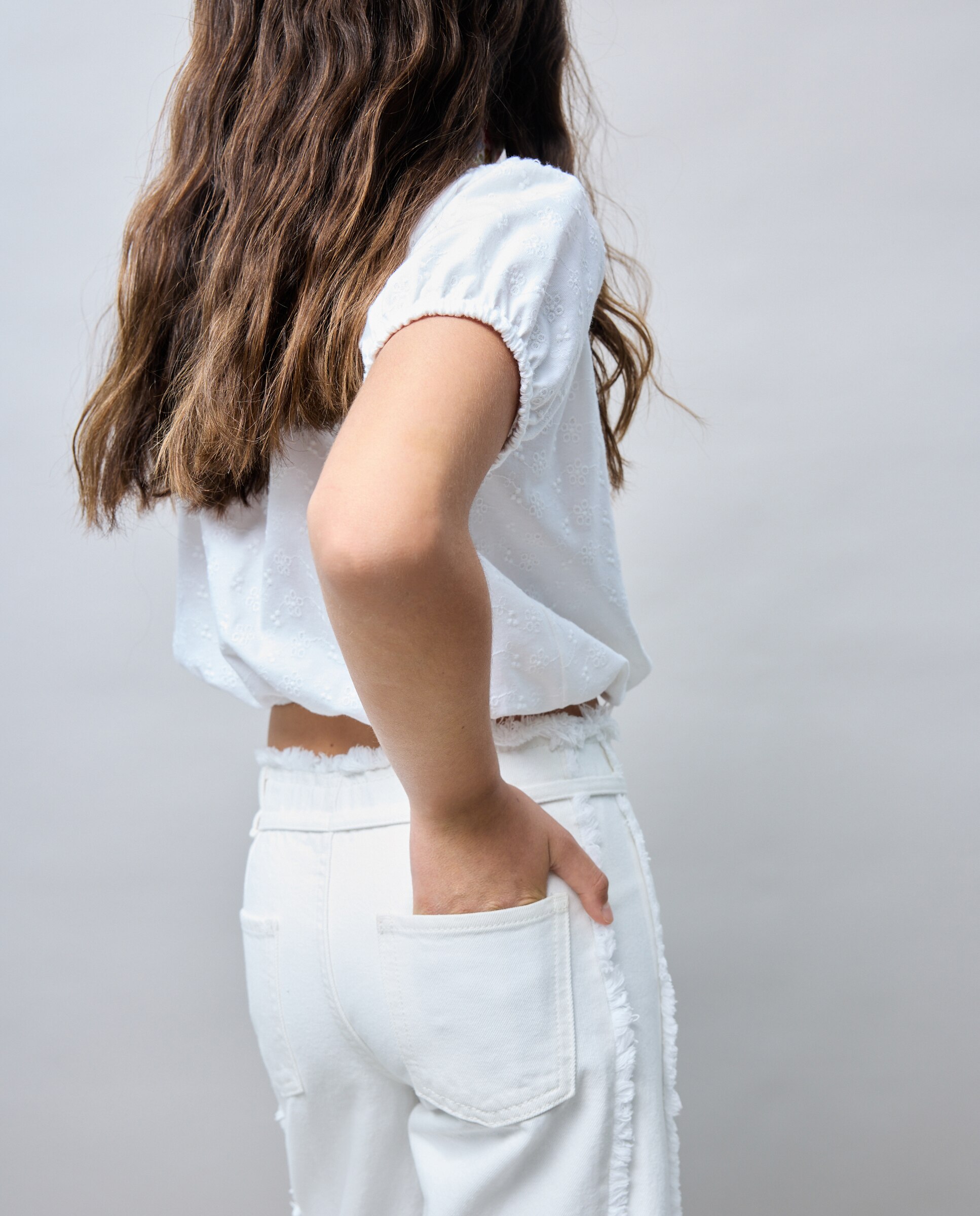 Calças de Sarja Wide Leg com Peça Lateral Triangular e Cós Desfiado Kids El Corte Inglés Branco-4