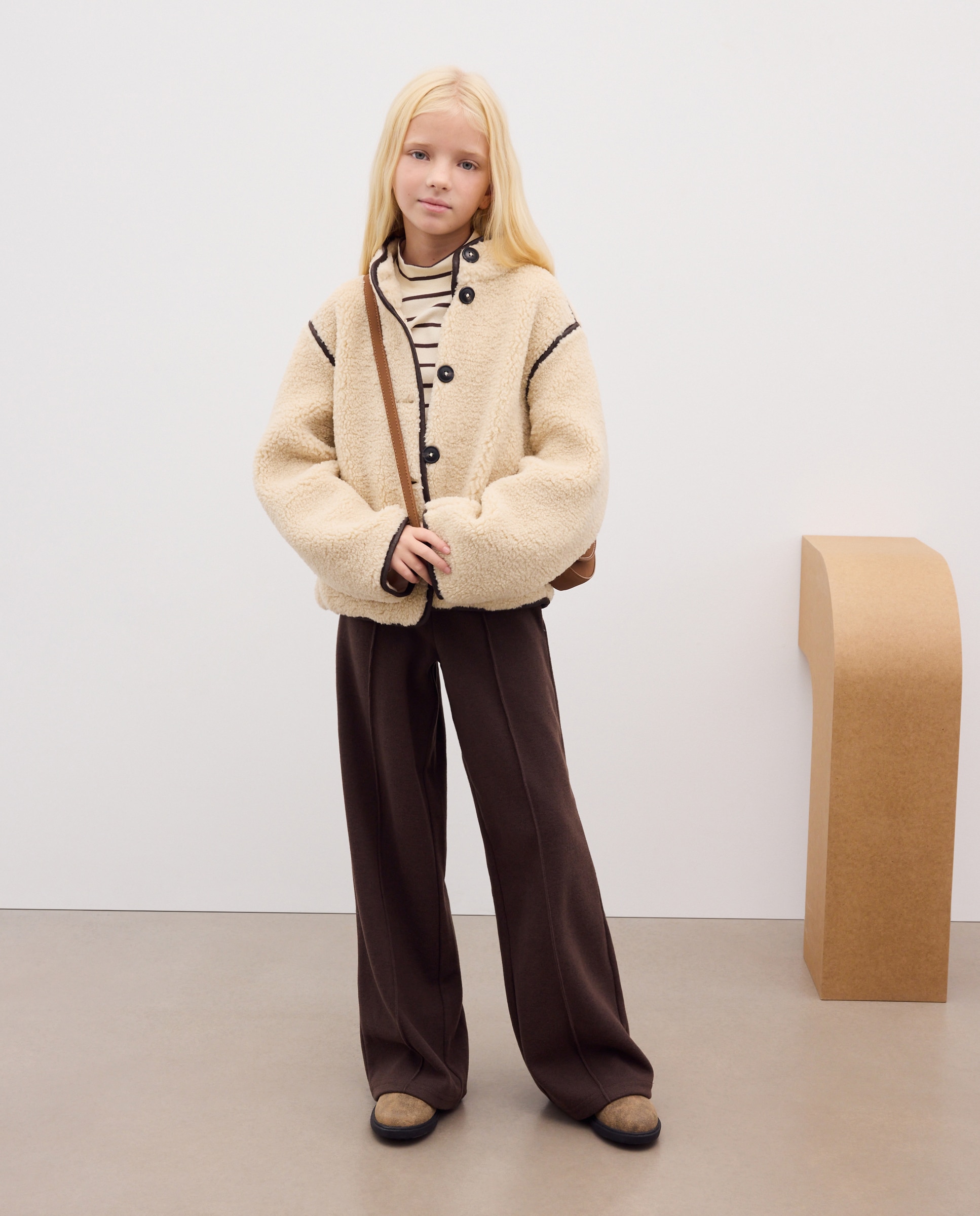 Pantalón punto cortado rib wide leg con nervio central de niña - Kids El Corte Inglés - 120 Crudo Marrón-1