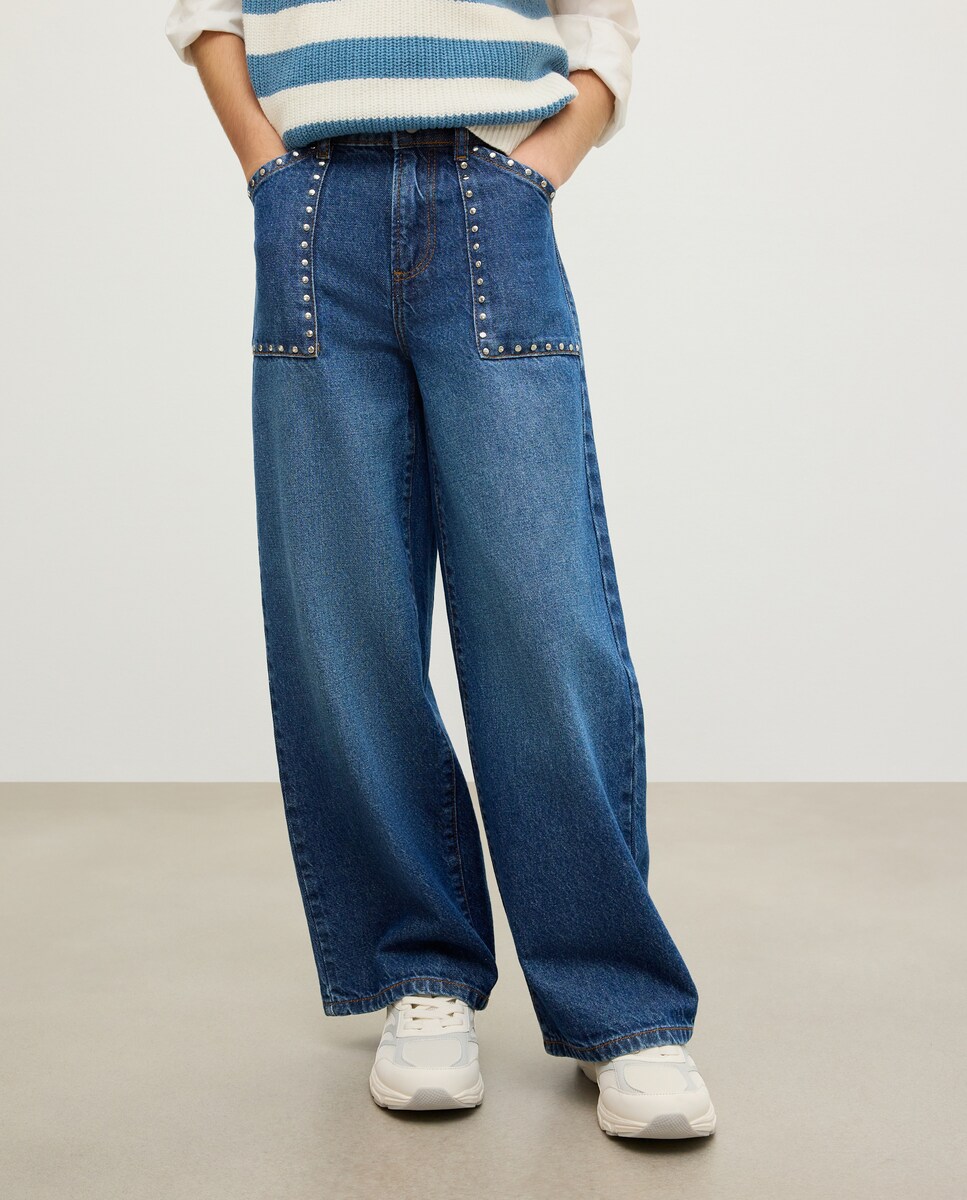 Jeans Wide Leg com Tachas nos Bolsos Cinzento-escuro-2