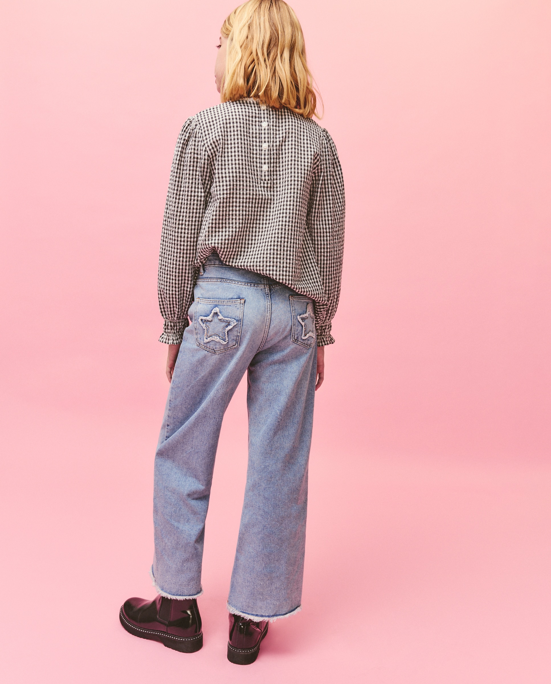 Pantalón denim wide leg parche estrella bolsillo trasero de niña - Kids El Corte Inglés - Gris Gris-3