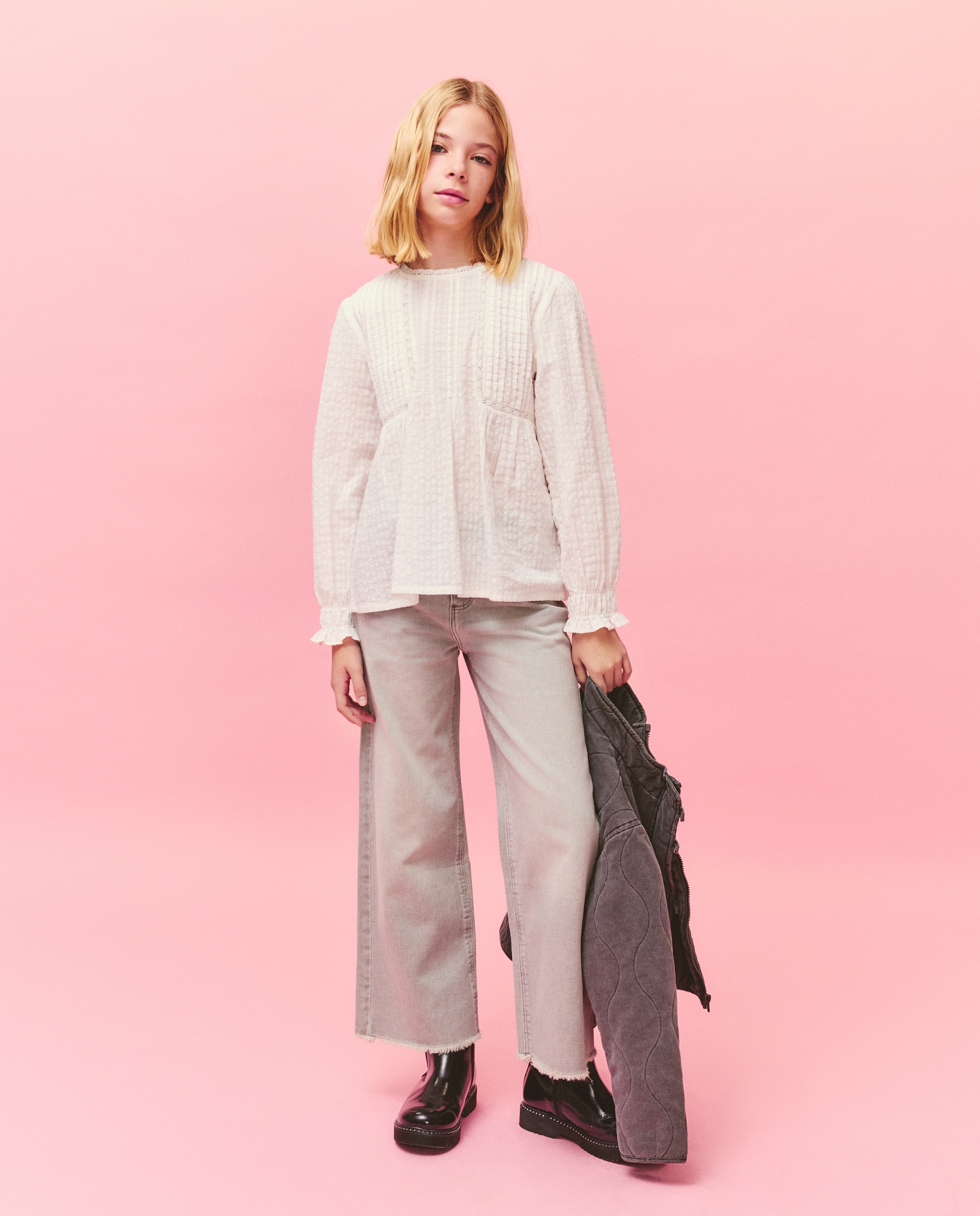 Jeans Wide Leg com Remendo de Estrela no Bolso Traseiro Kids El Corte Inglés Cinzento-claro-1
