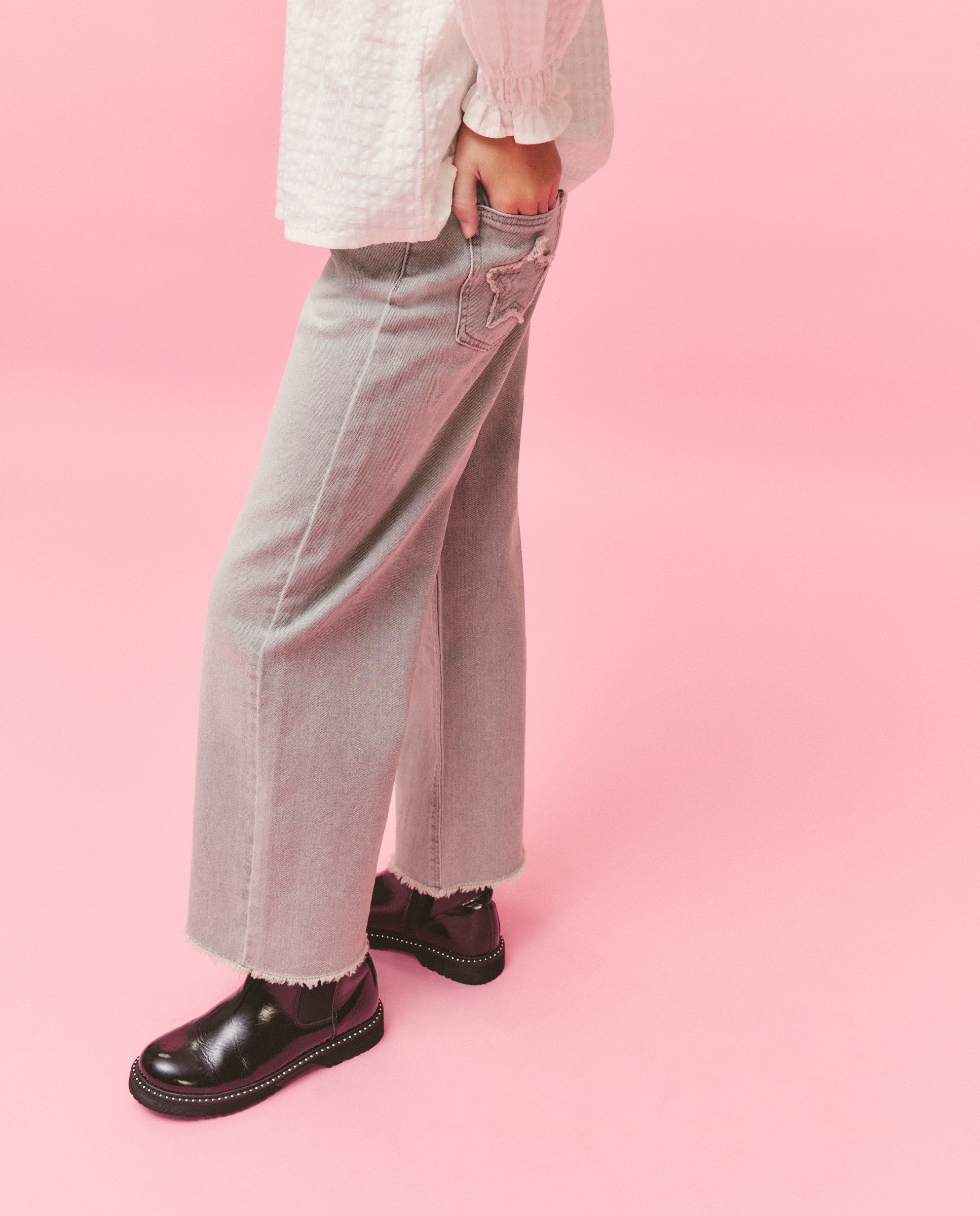 Jeans Wide Leg com Remendo de Estrela no Bolso Traseiro Kids El Corte Inglés Cinzento-claro-3