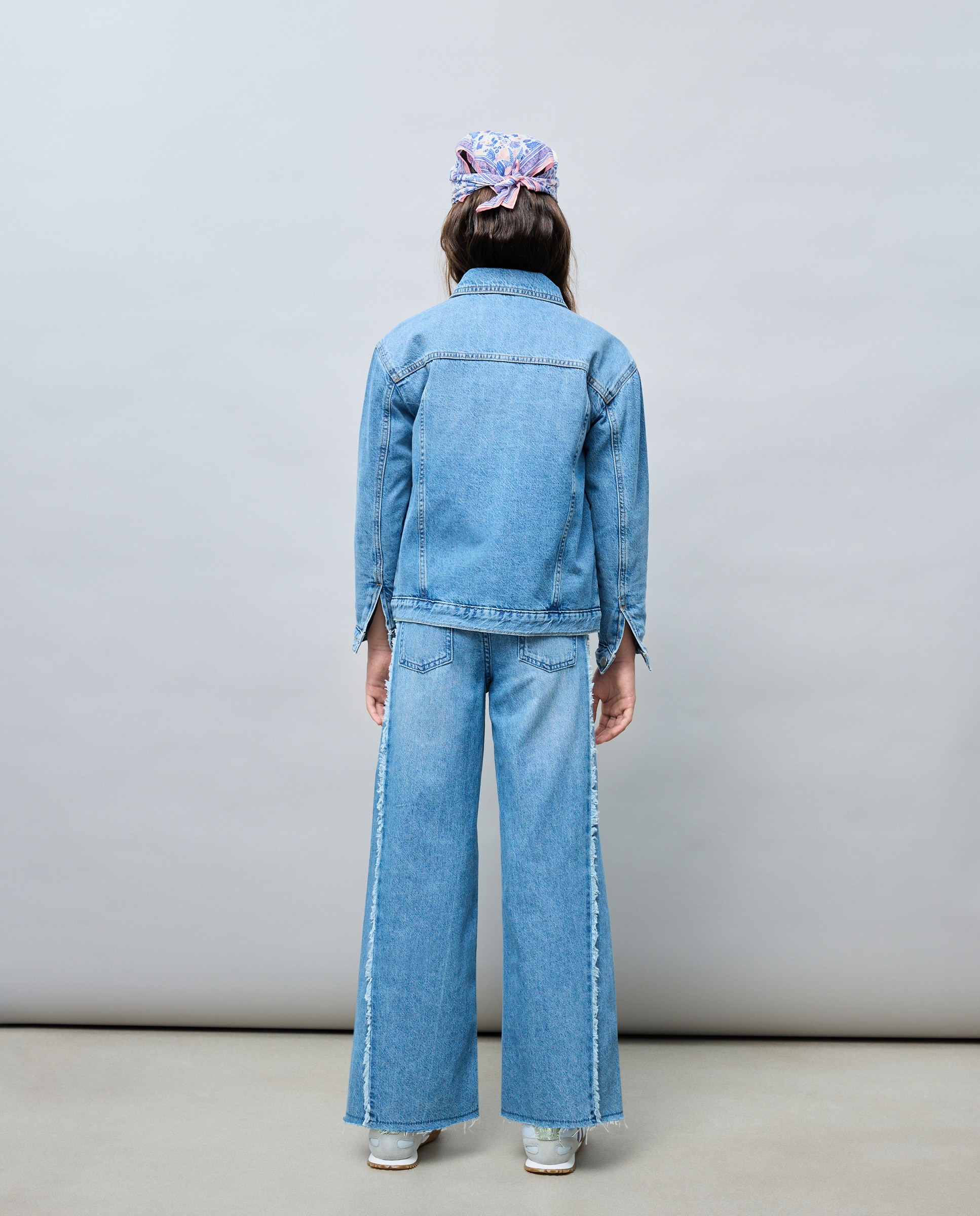 Pantalón de niña denim wide leg con pieza lateral triangular y cinturilla deshilachada - Kids El Corte Inglés - Azul pálido Azul pálido-3
