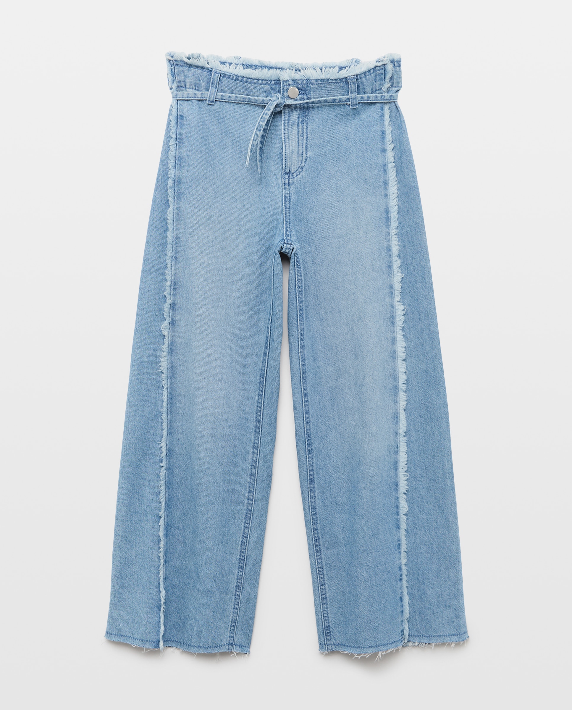 Pantalón de niña denim wide leg con pieza lateral triangular y cinturilla deshilachada - Kids El Corte Inglés - Azul pálido Azul pálido-5
