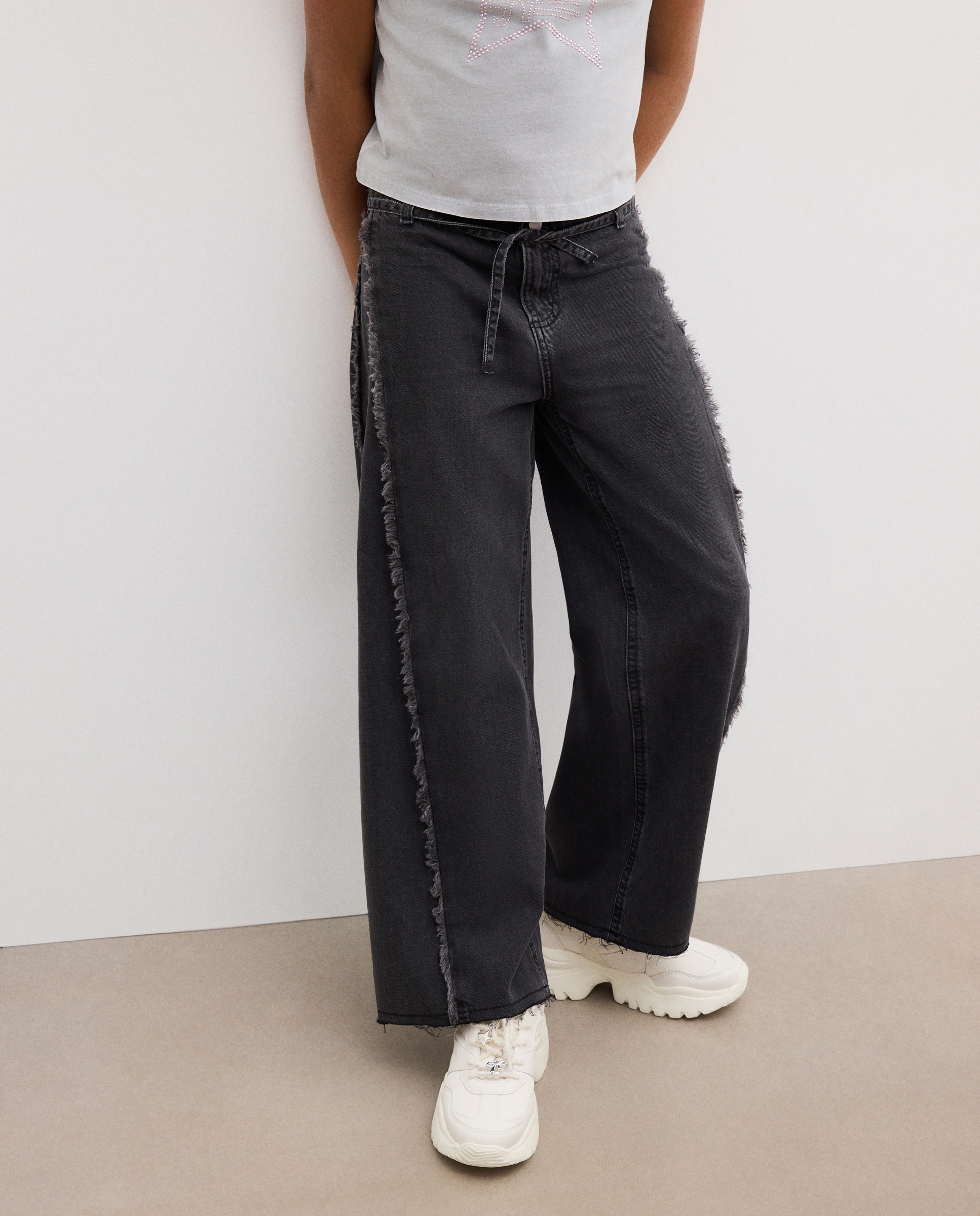 Jeans Wide Leg com Peça Lateral Triangular e Cós Desfiado Kids El Corte Inglés Preto Intenso-2