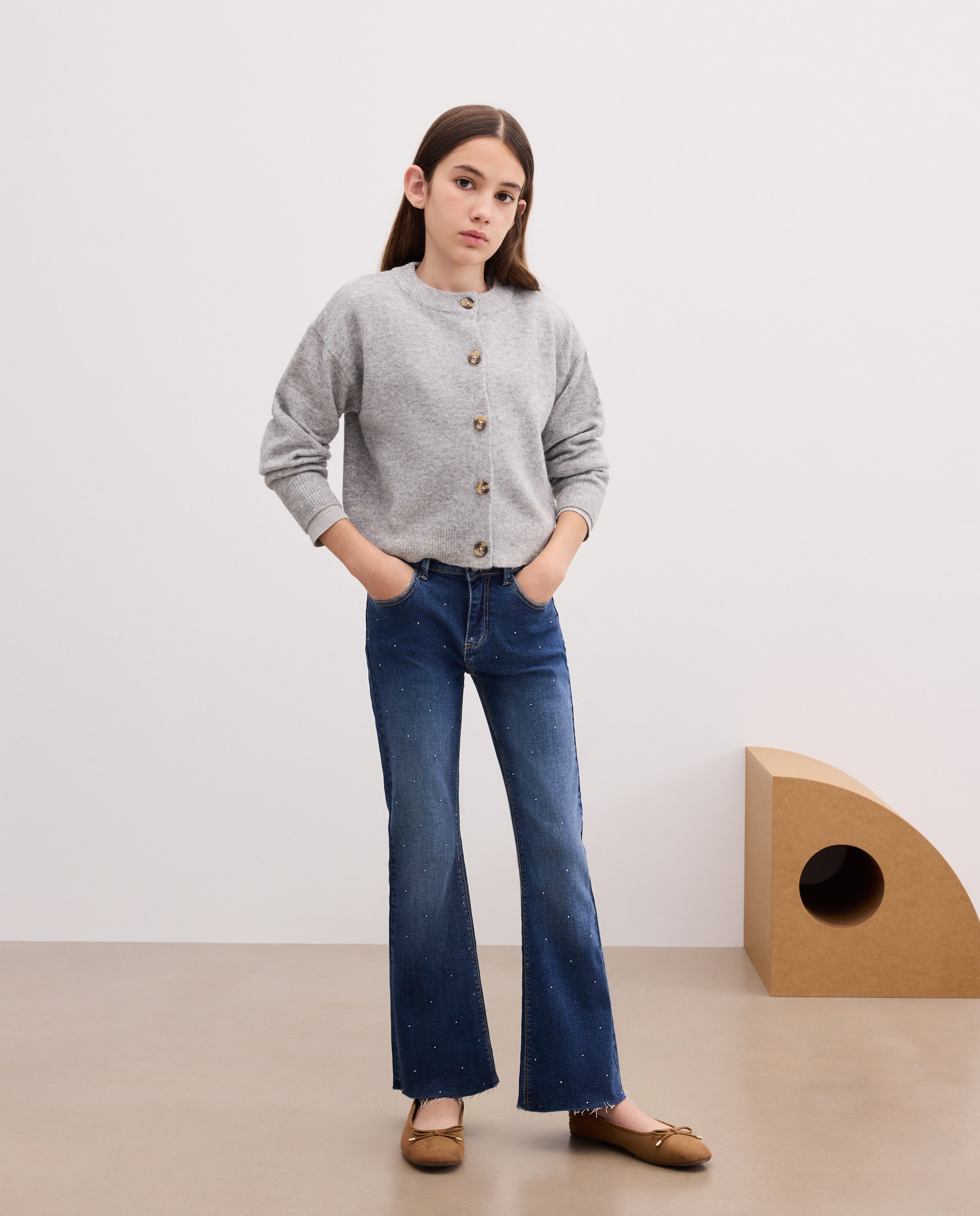Pantalón denim flare all over irregular strasses de niña - Kids El Corte Inglés - Azul pálido Azul pálido-1