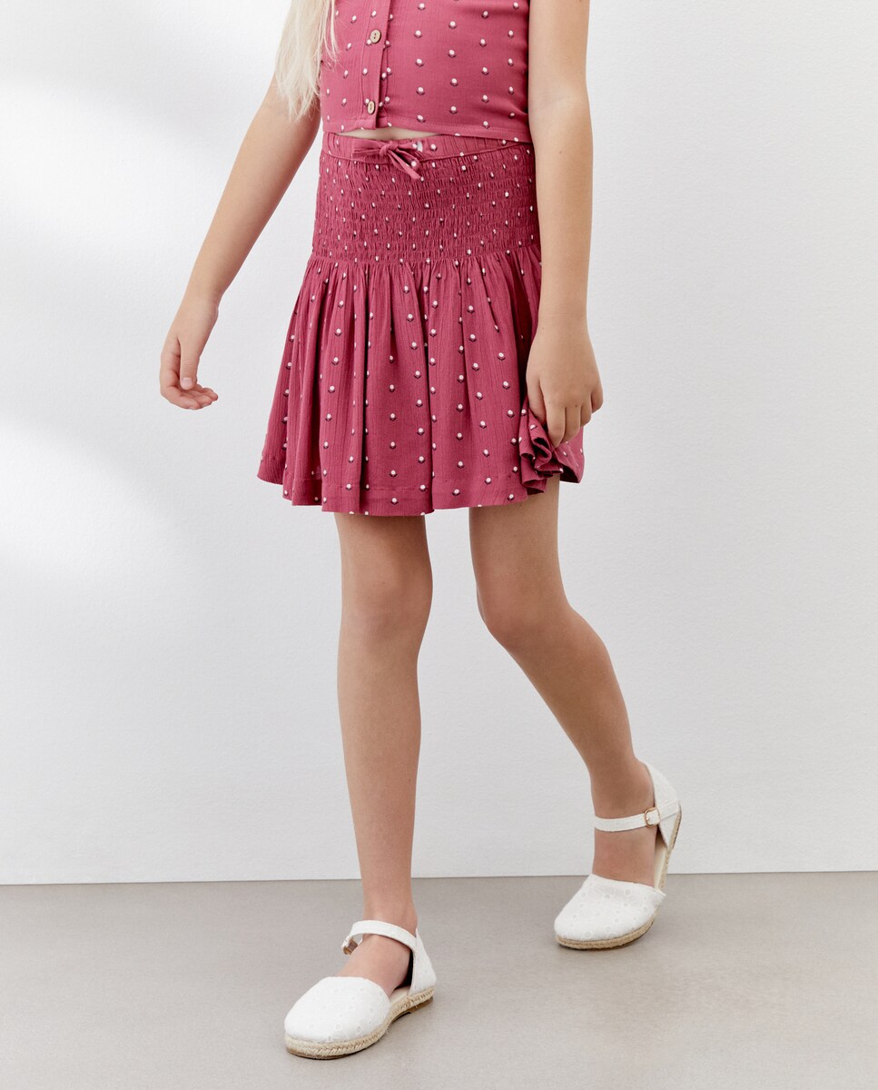 Saia Rodada com Elásticos na Cintura e All Over Print Rosa-2