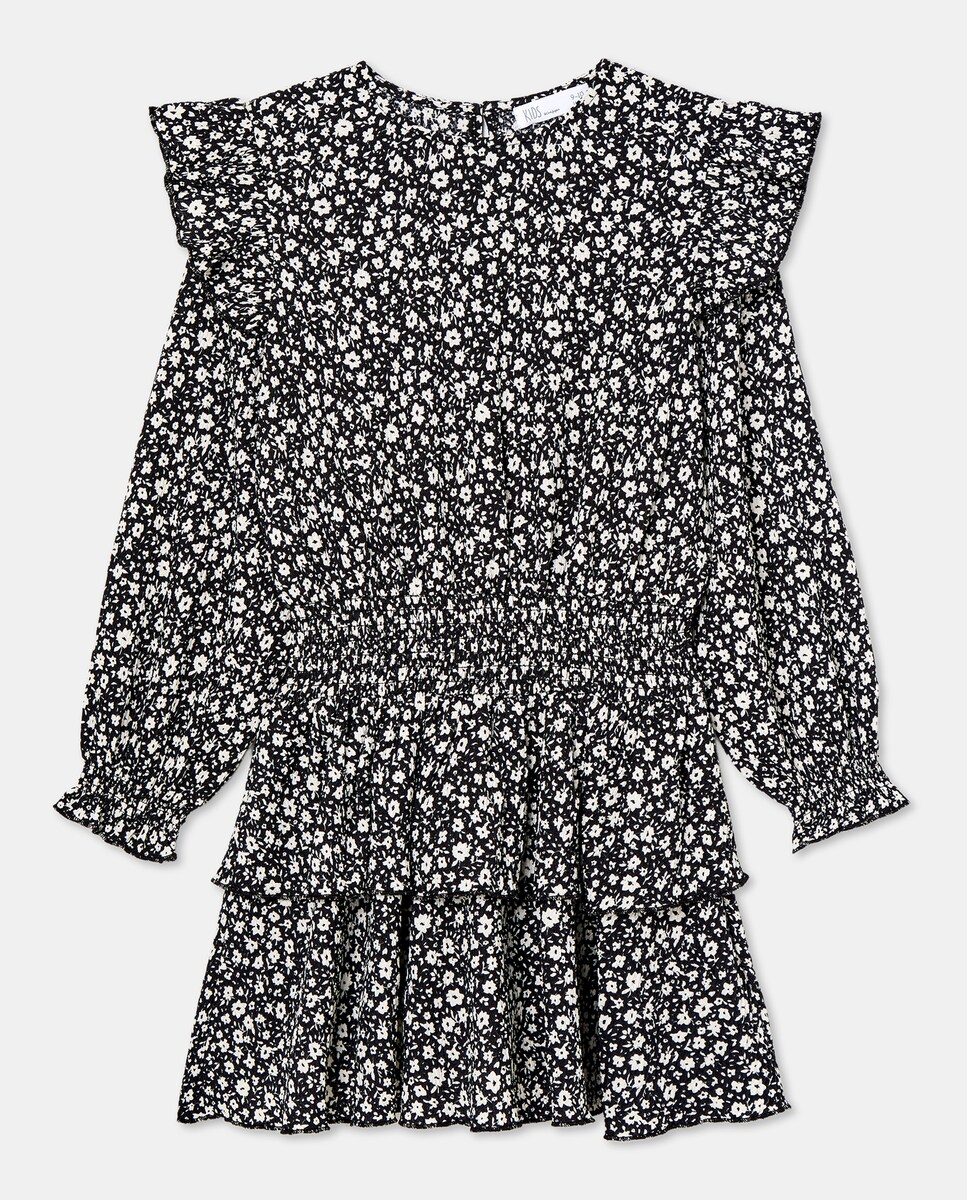 Vestido de Manga Comprida com Folho e Elásticos na Cintura Preto-4