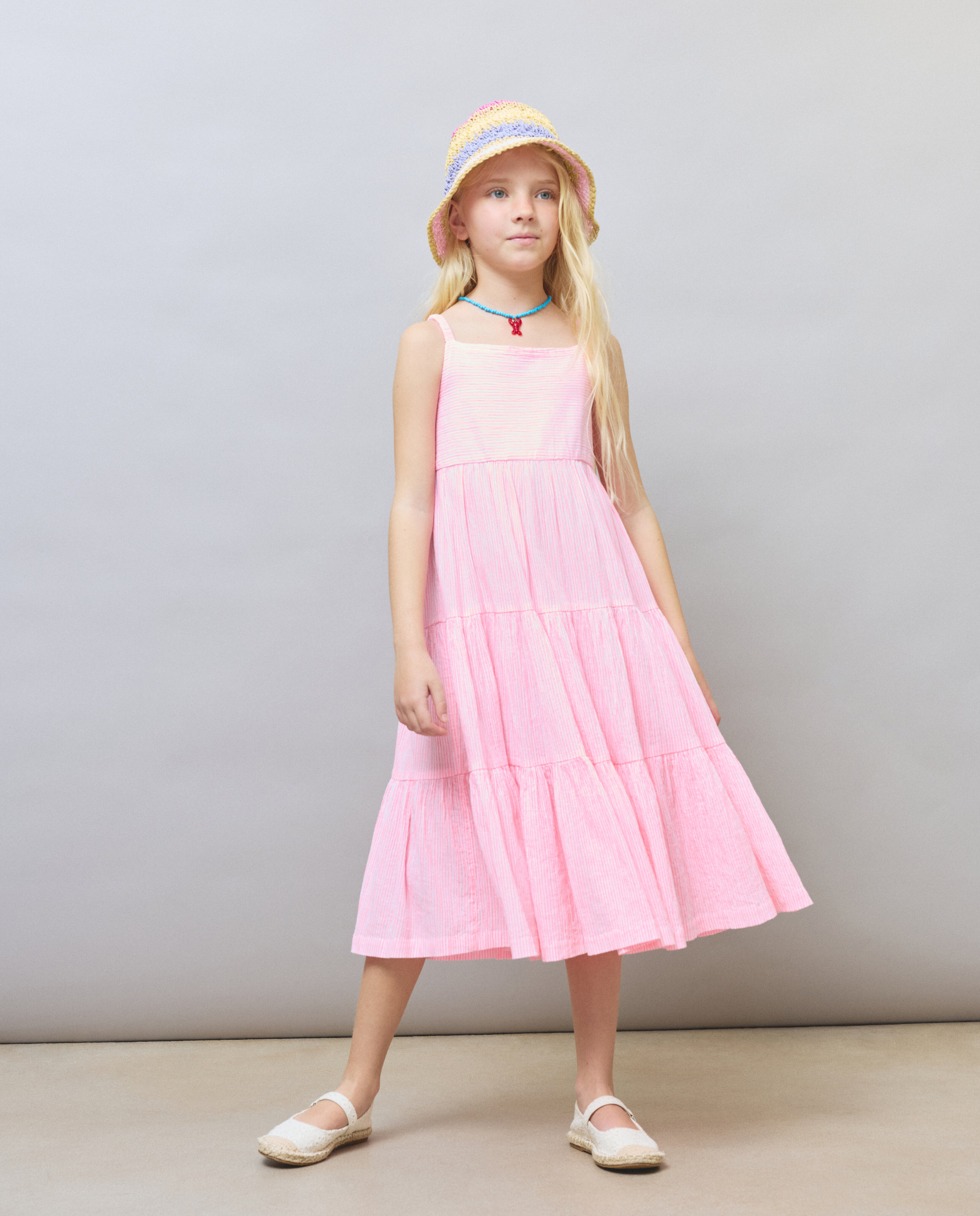 Vestido de Alças às Riscas em Crepe de Algodão Kids El Corte Inglés Rosa-2