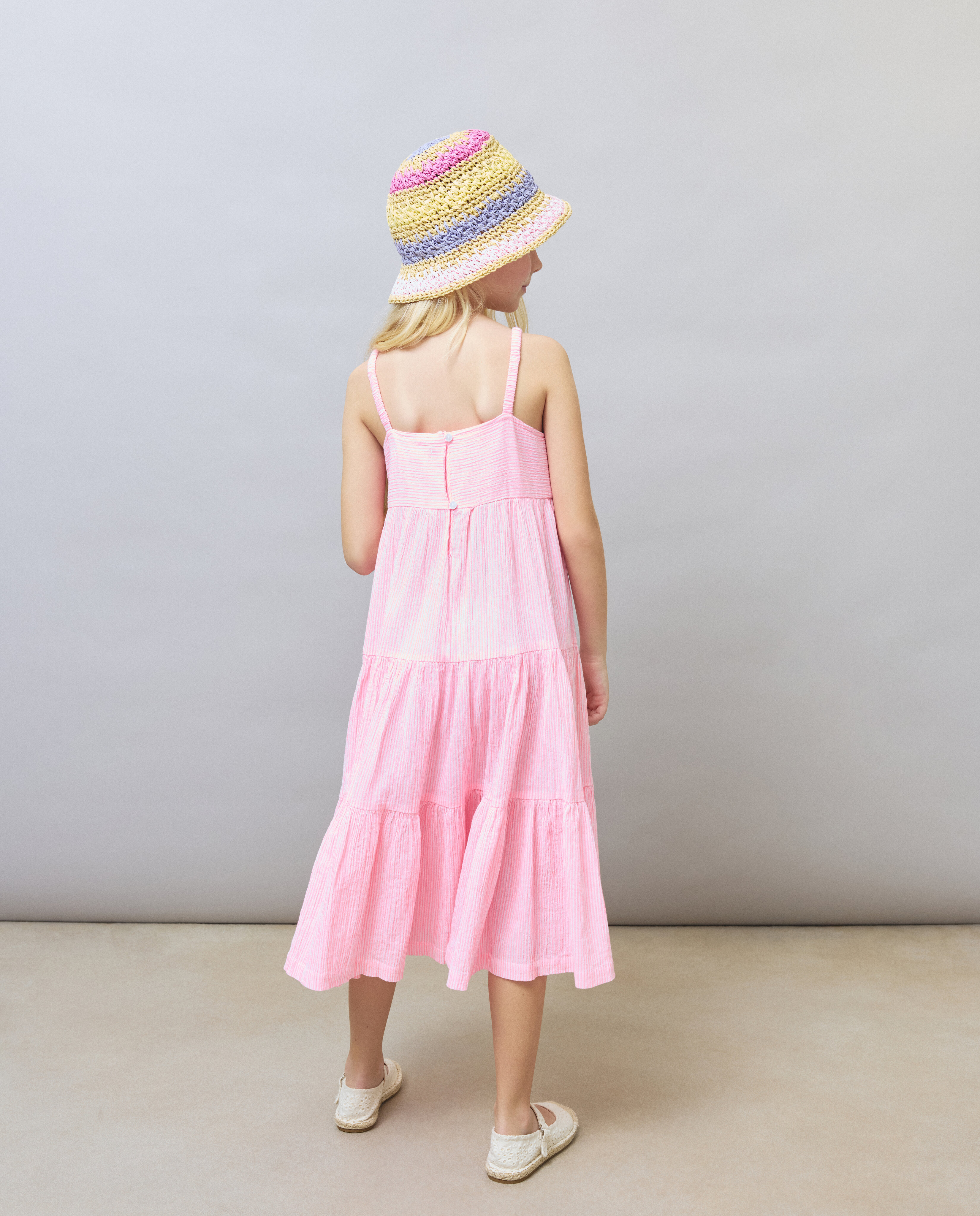 Vestido de Alças às Riscas em Crepe de Algodão Kids El Corte Inglés Rosa-3