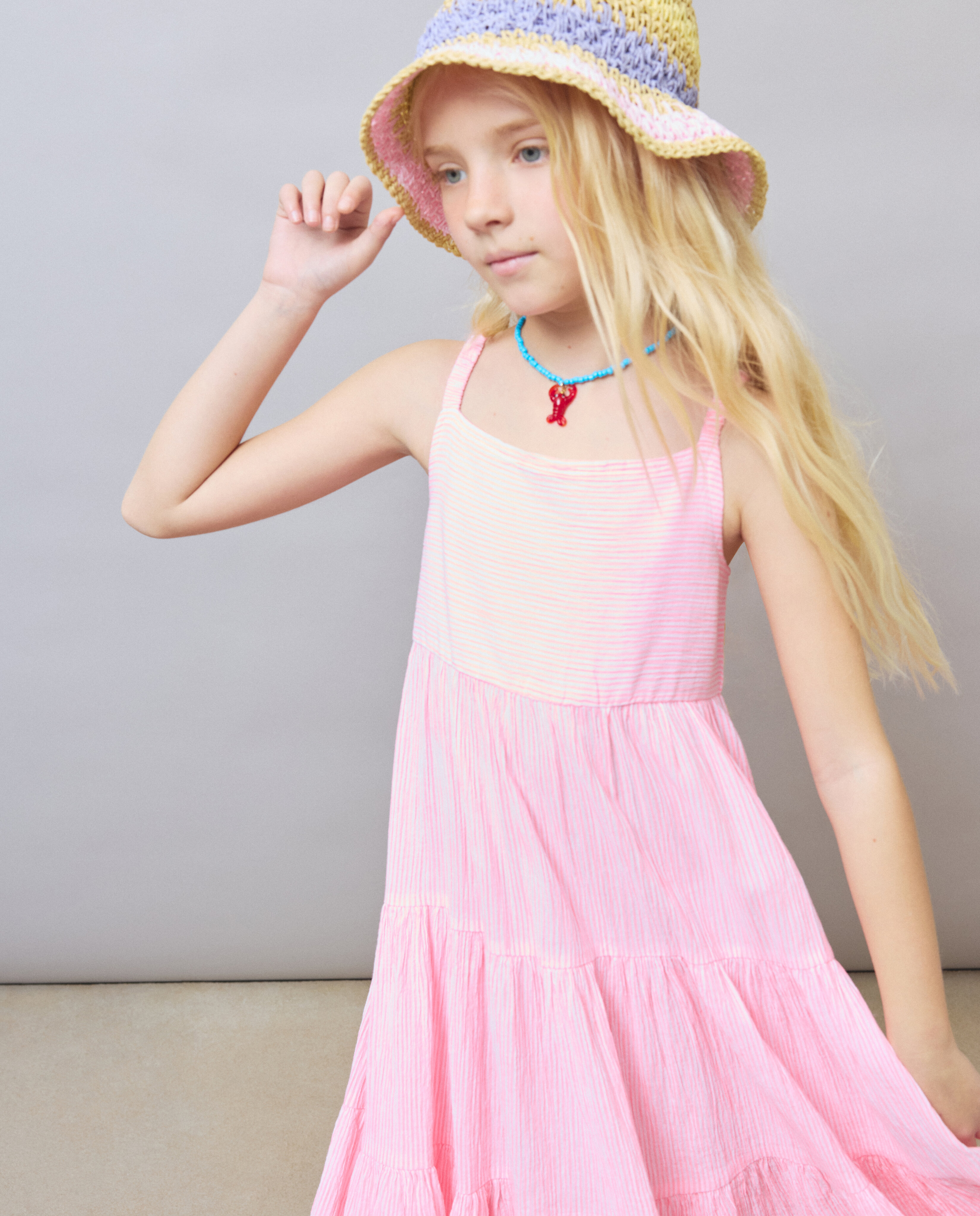 Vestido de Alças às Riscas em Crepe de Algodão Kids El Corte Inglés Rosa-4