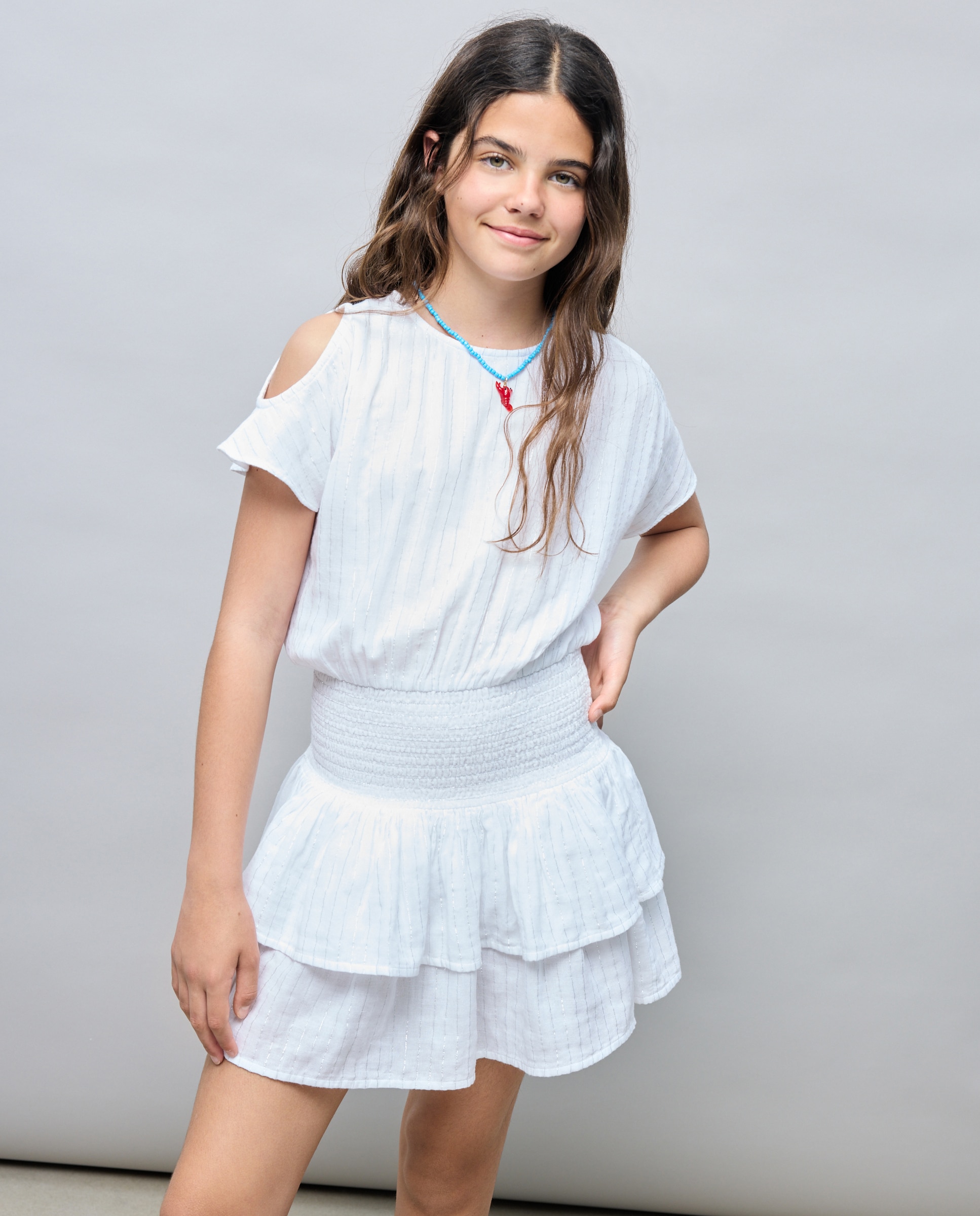 Vestido de Manga Curta com Cut Out no Ombro Kids El Corte Inglés Branco-1