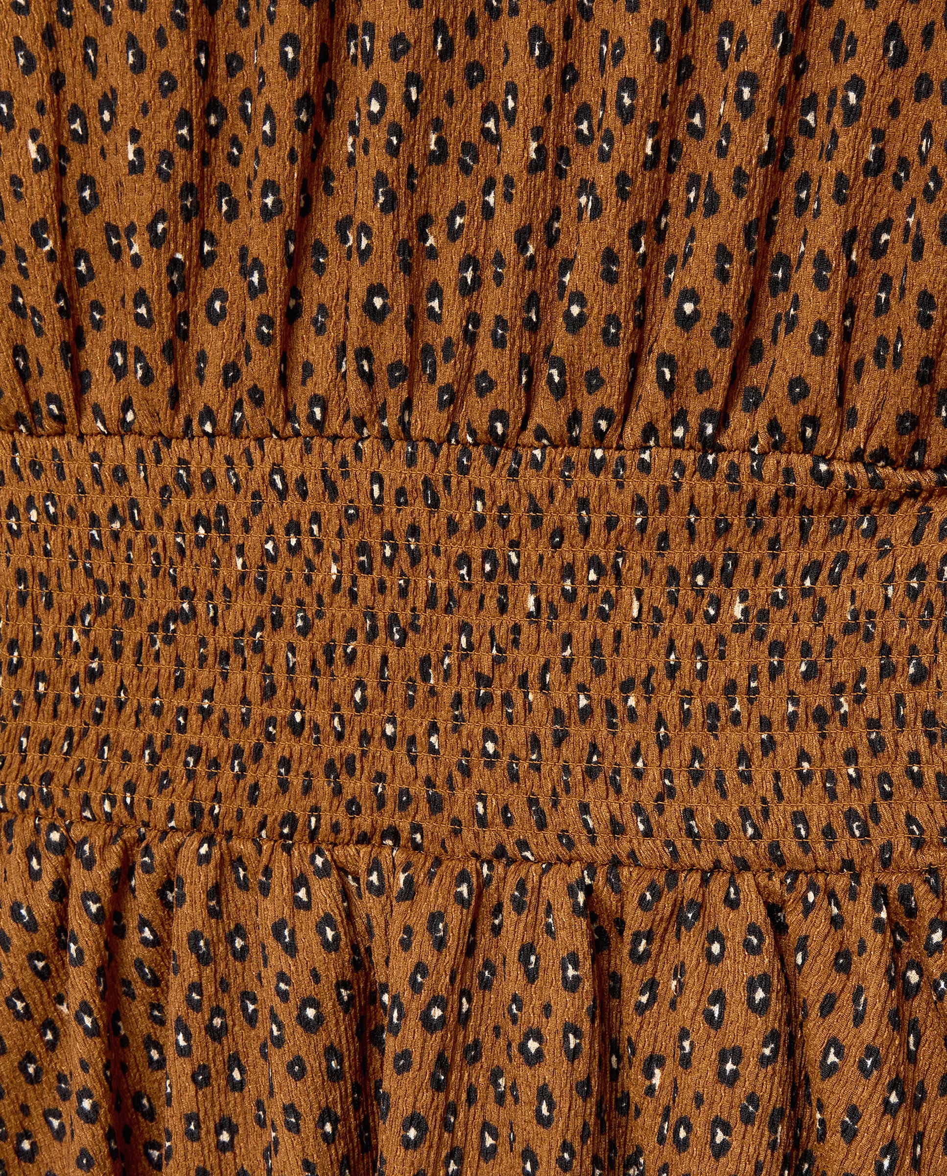 Vestido de Manga Comprida com Elásticos na Cintura e Peitilho em Bico com Animal Print Camel-2