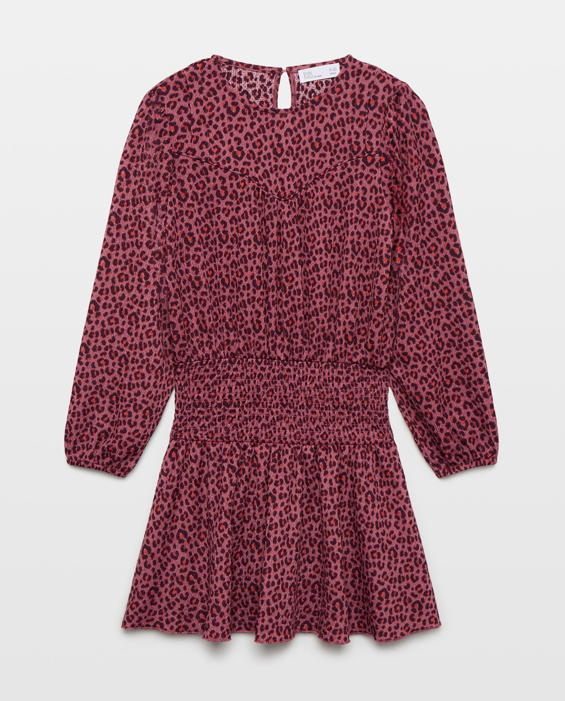 Vestido de Manga Comprida com Elásticos na Cintura e Peitilho em Bico com Animal Print Rosa-4