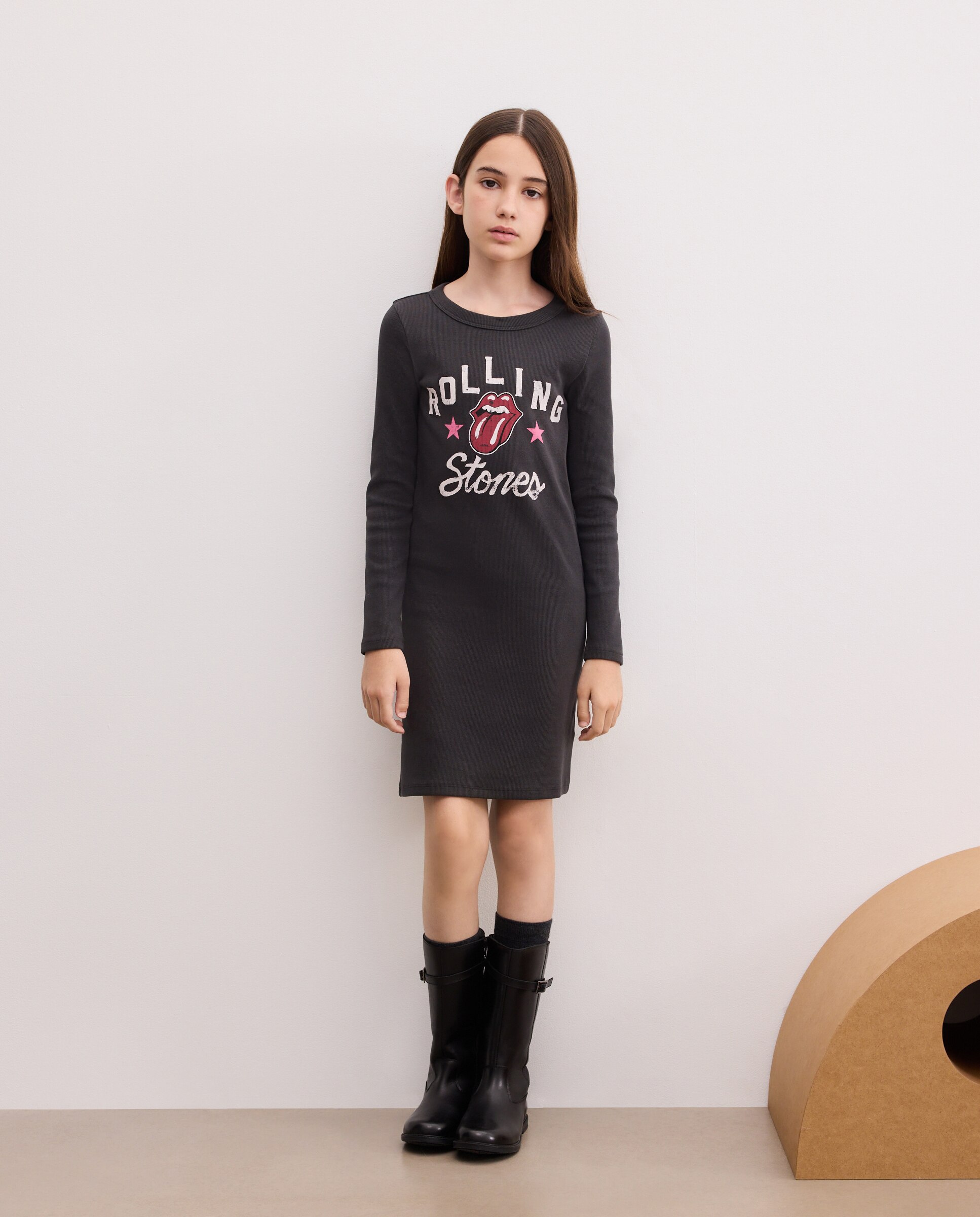 Vestido Midi Canelado com Estampado Rolling Stones à Frente Cinzento-2