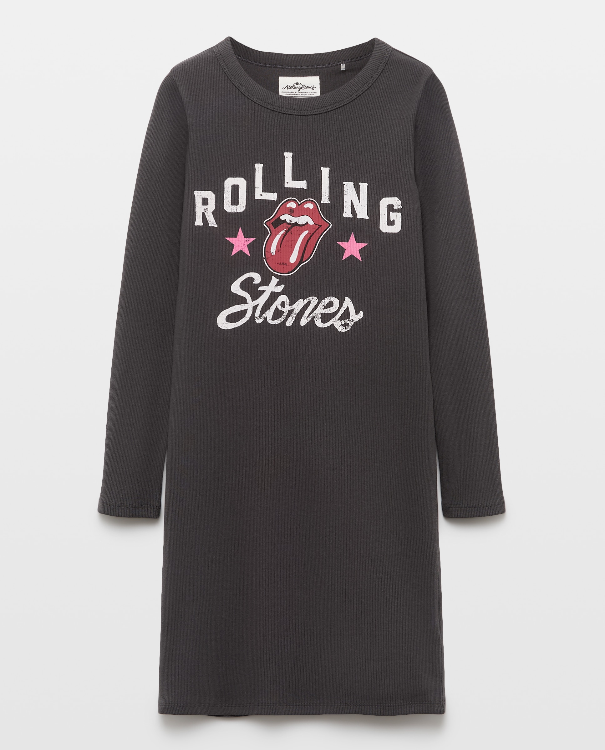 Vestido Midi Canelado com Estampado Rolling Stones à Frente Cinzento-4
