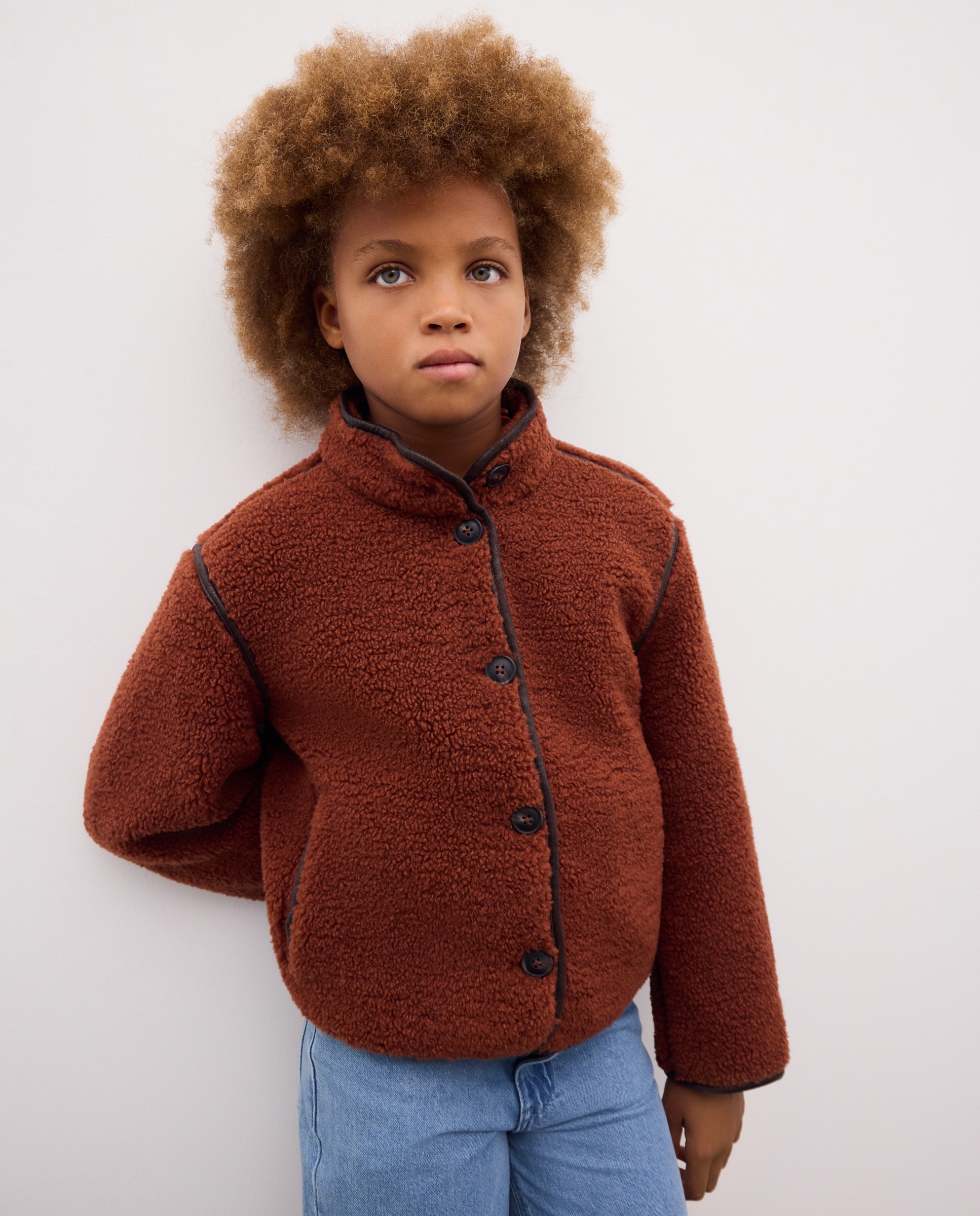 Chaquetón de borreguito liso con pipping antelina de niña - Kids El Corte Inglés - Marrón Marrón-1