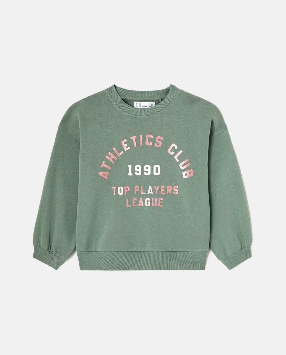 Sudadera felpa cuello caja básica con posicional foil de niña