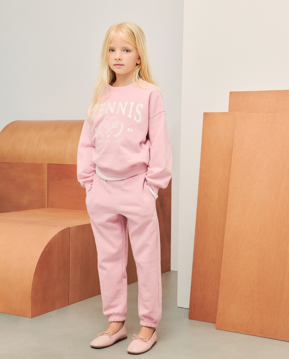 Sweatshirt de Felpa Básica com Decote Redondo e Estampado Posicional de Foil Rosa-2