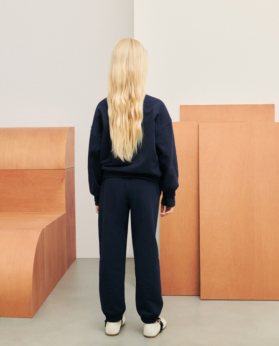 Sweatshirt de Felpa Básica com Decote Redondo e Estampado Posicional de Foil Azul-3