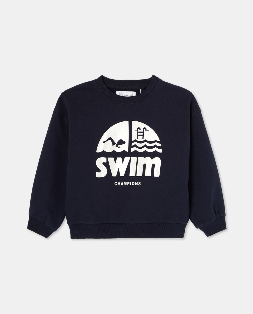 Sweatshirt de Felpa Básica com Decote Redondo e Estampado Posicional de Foil Azul-4