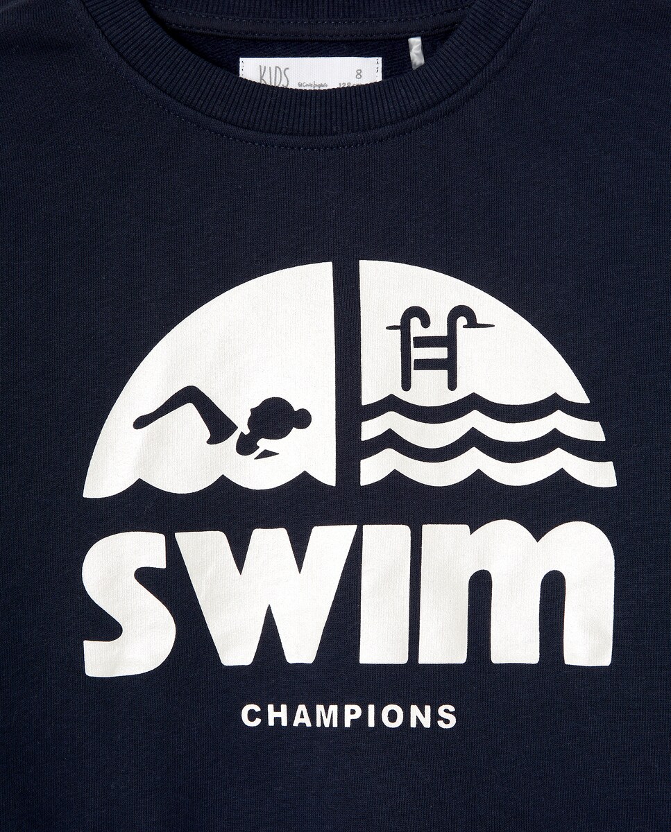 Sweatshirt de Felpa Básica com Decote Redondo e Estampado Posicional de Foil Azul-5