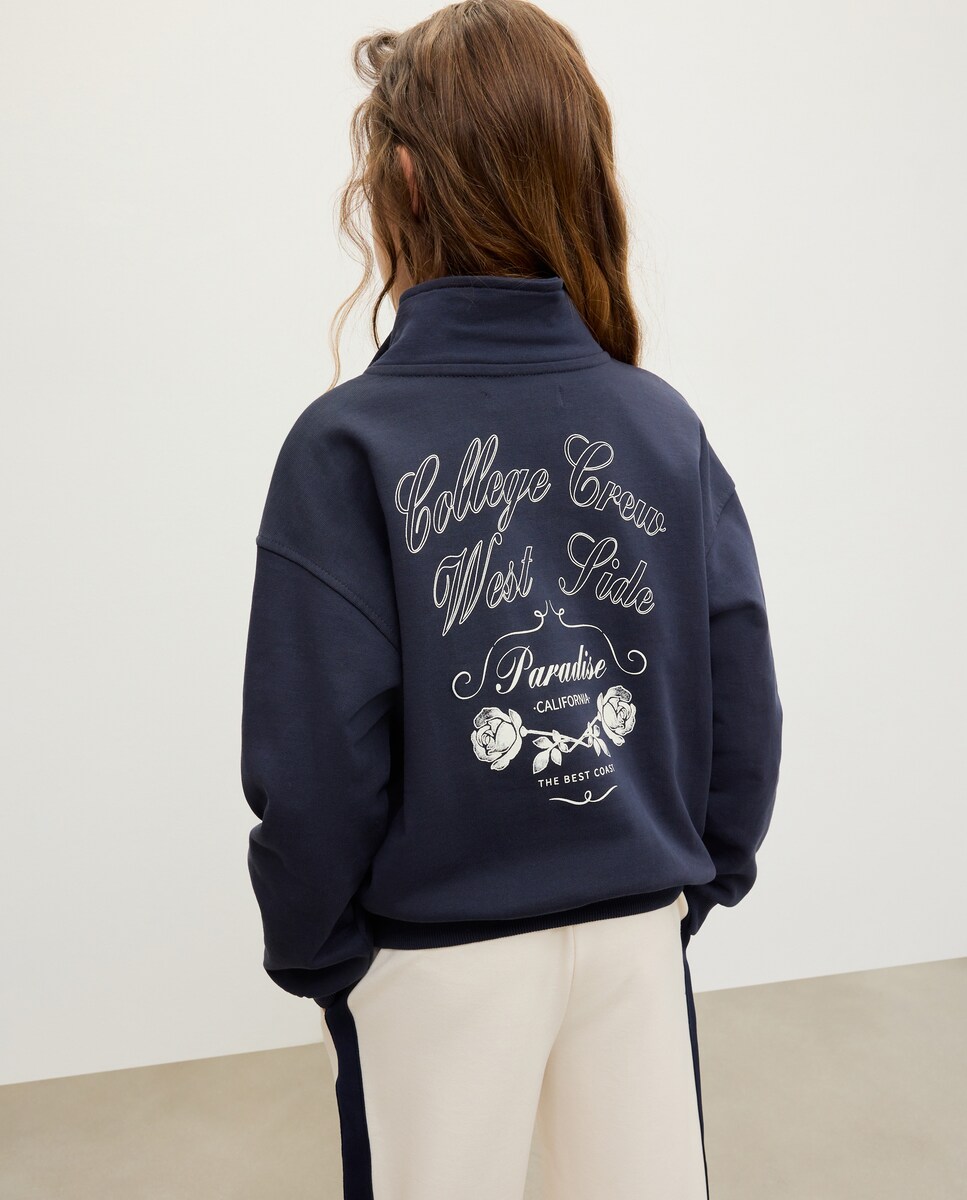 Sweatshirt com Meio Fecho de Correr Posicional nas Costas Azul-3