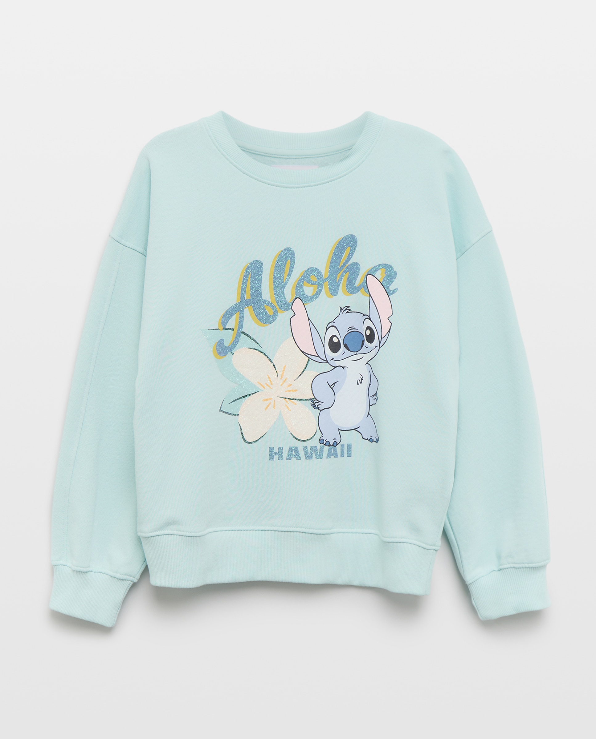 Sweatshirt de Decote Redondo com Estampado Posicional Stitch Aloha com Glitter 582 Verde Água-4