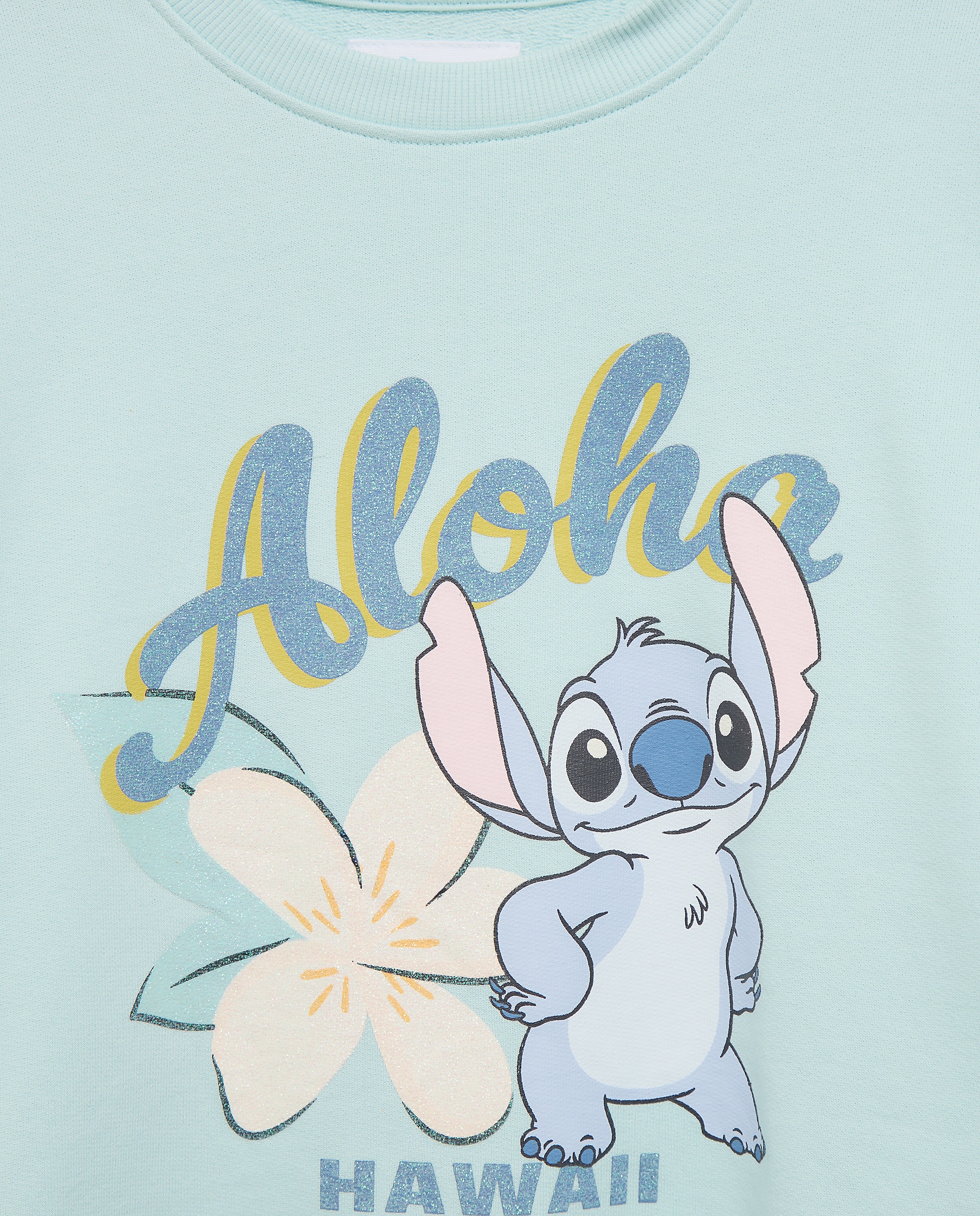 Sweatshirt de Decote Redondo com Estampado Posicional Stitch Aloha com Glitter 582 Verde Água-5