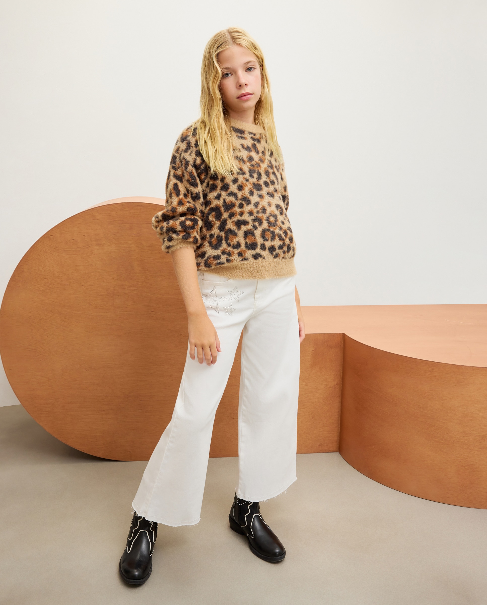 Camisola de Malha com Pelo e Intársia de Leopardo Camel-2