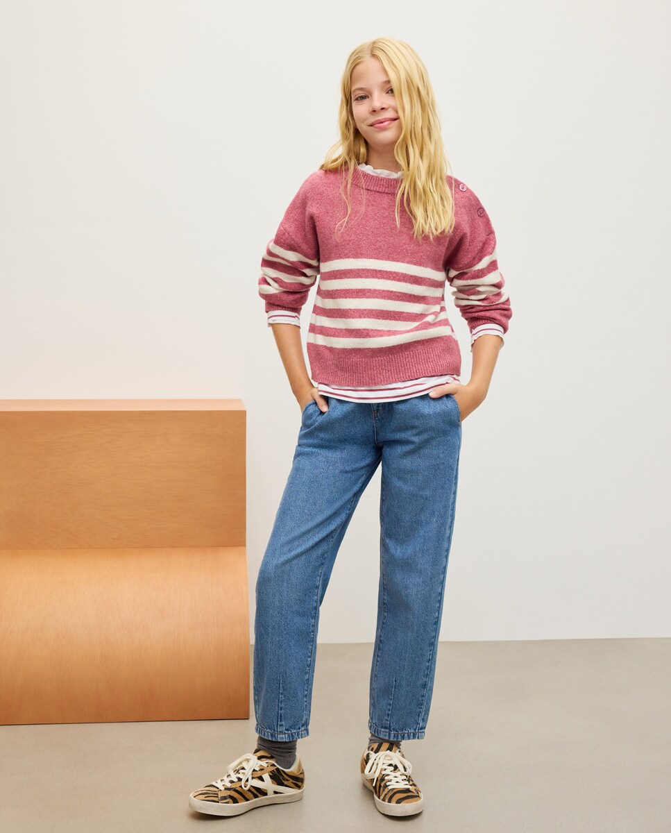 Camisola de Malha Básica às Riscas Rosa-2