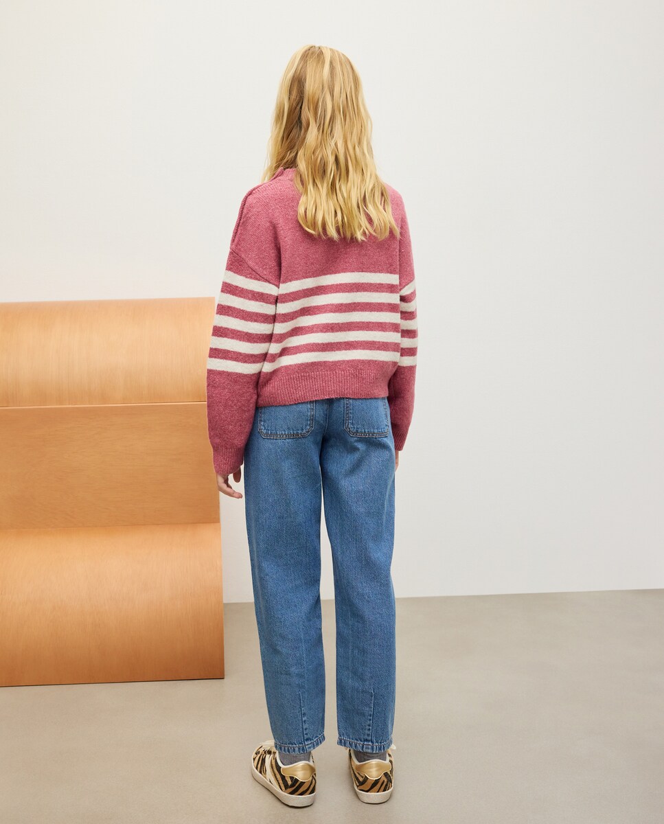 Camisola de Malha Básica às Riscas Rosa-3