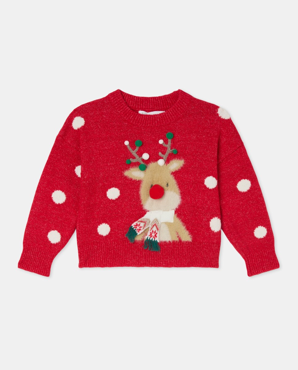 Camisola de Malha de Natal com Decote Redondo e Rena com Pompons Vermelho-4