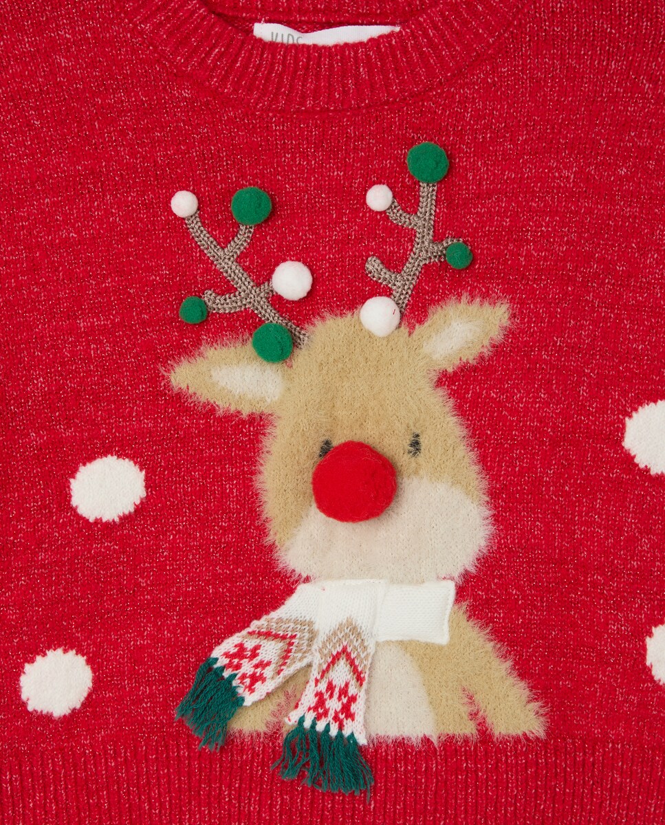 Camisola de Malha de Natal com Decote Redondo e Rena com Pompons Vermelho-5