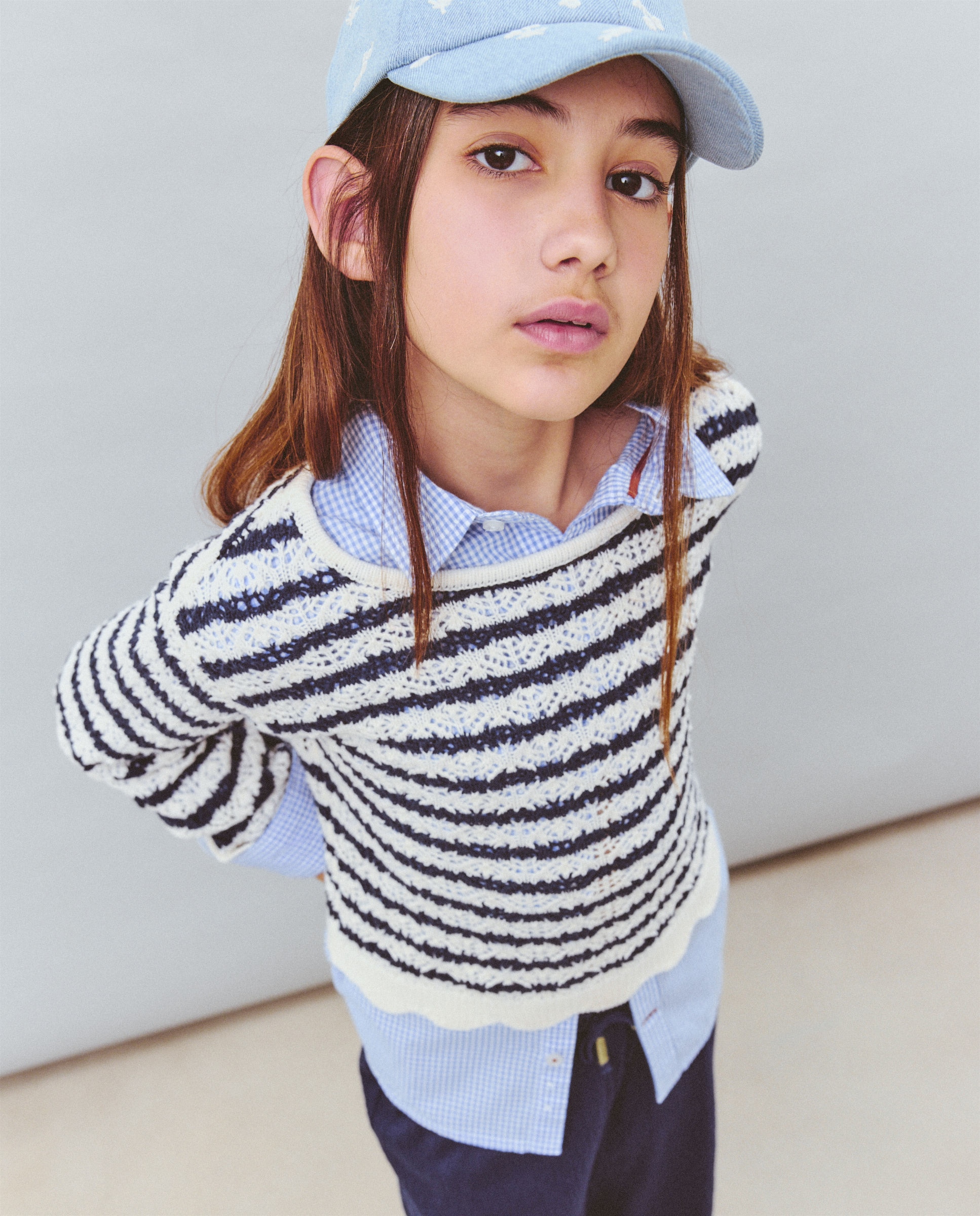 Jersey cuello caja desagujado rayas bajo ondulado de niña - Kids El Corte Inglés - Marrón Azul-1