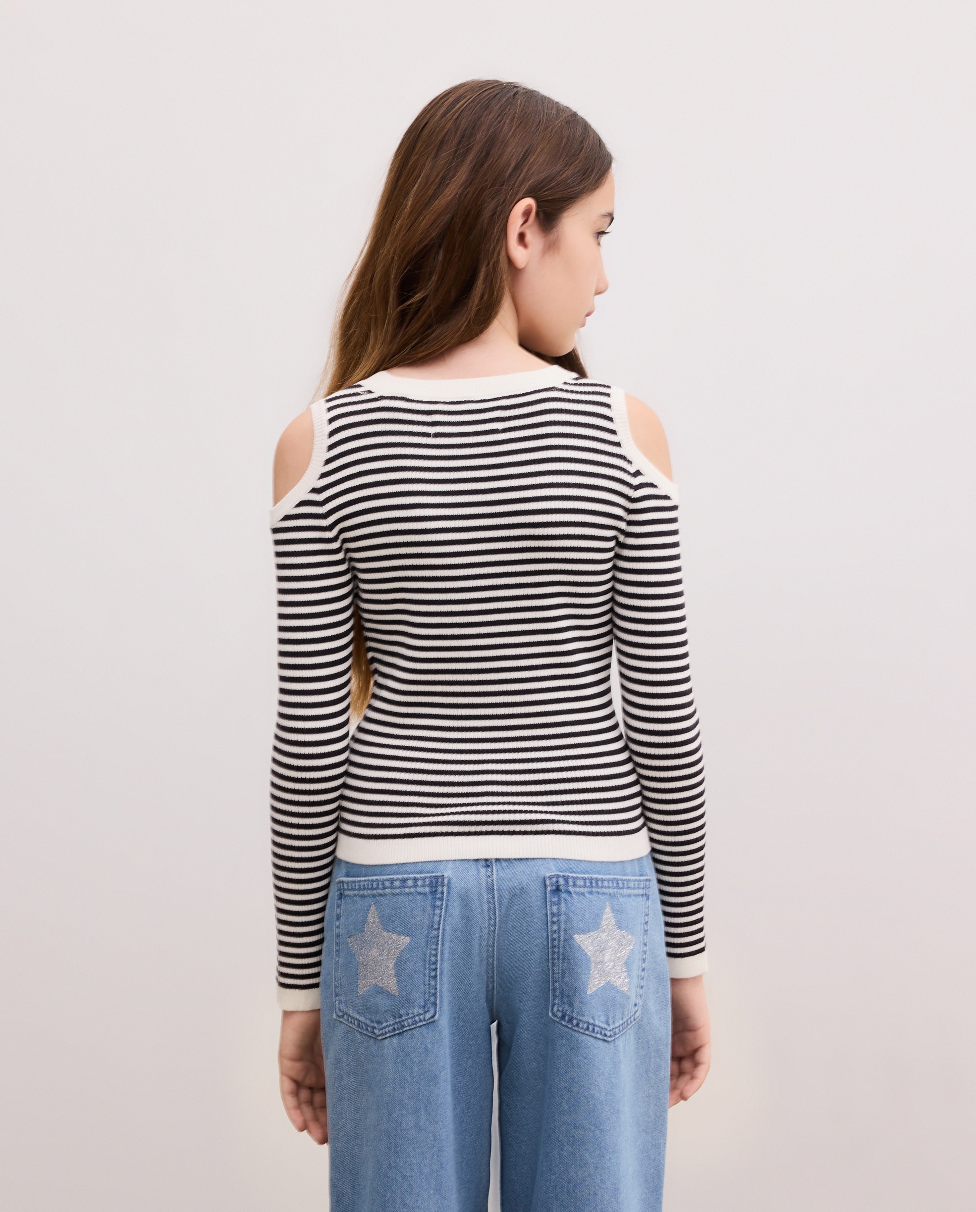 Camisola de Malha às Riscas com Ombros Cut Out Preto-3