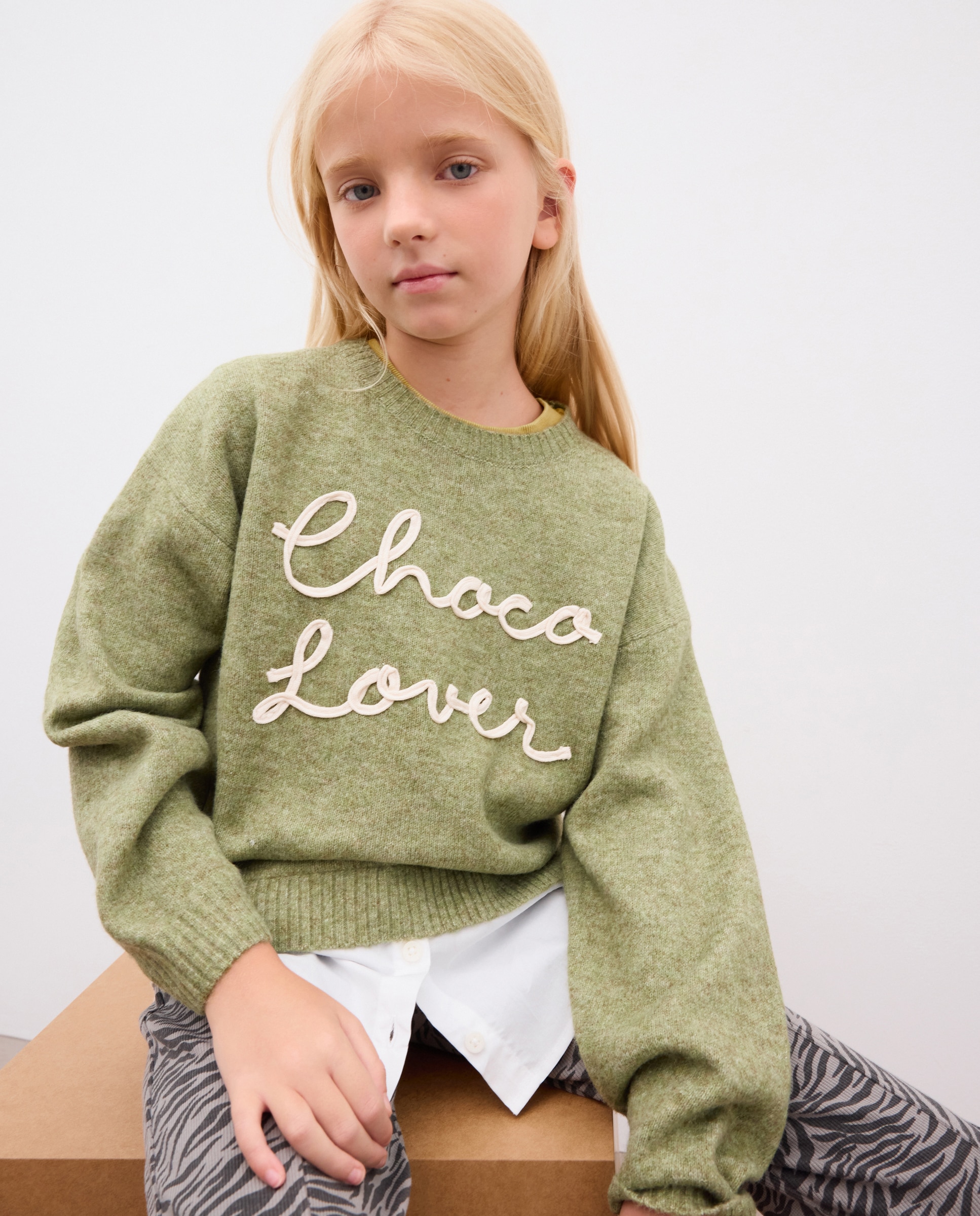 Jersey efecto doble prenda con fantasía texto en cordón de niña - Kids El Corte Inglés - Verde Verde-1